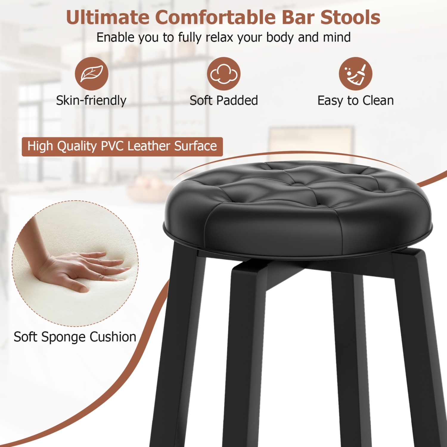 Gymax Set of 4 Swivel Bar Stools 30'' Bar Height Upholstered Seats Rubber Wood Frame Black
