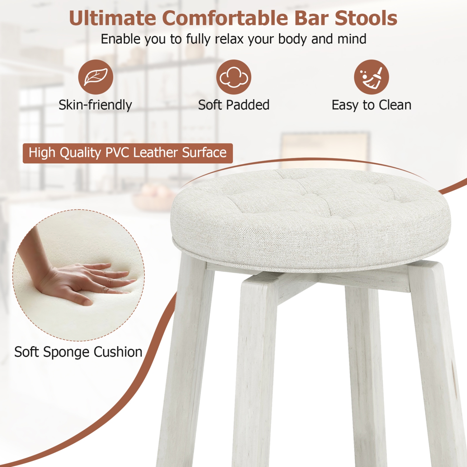 Gymax Set of 4 Swivel Bar Stools 30'' Bar Height Upholstered Seats Rubber Wood Frame Beige