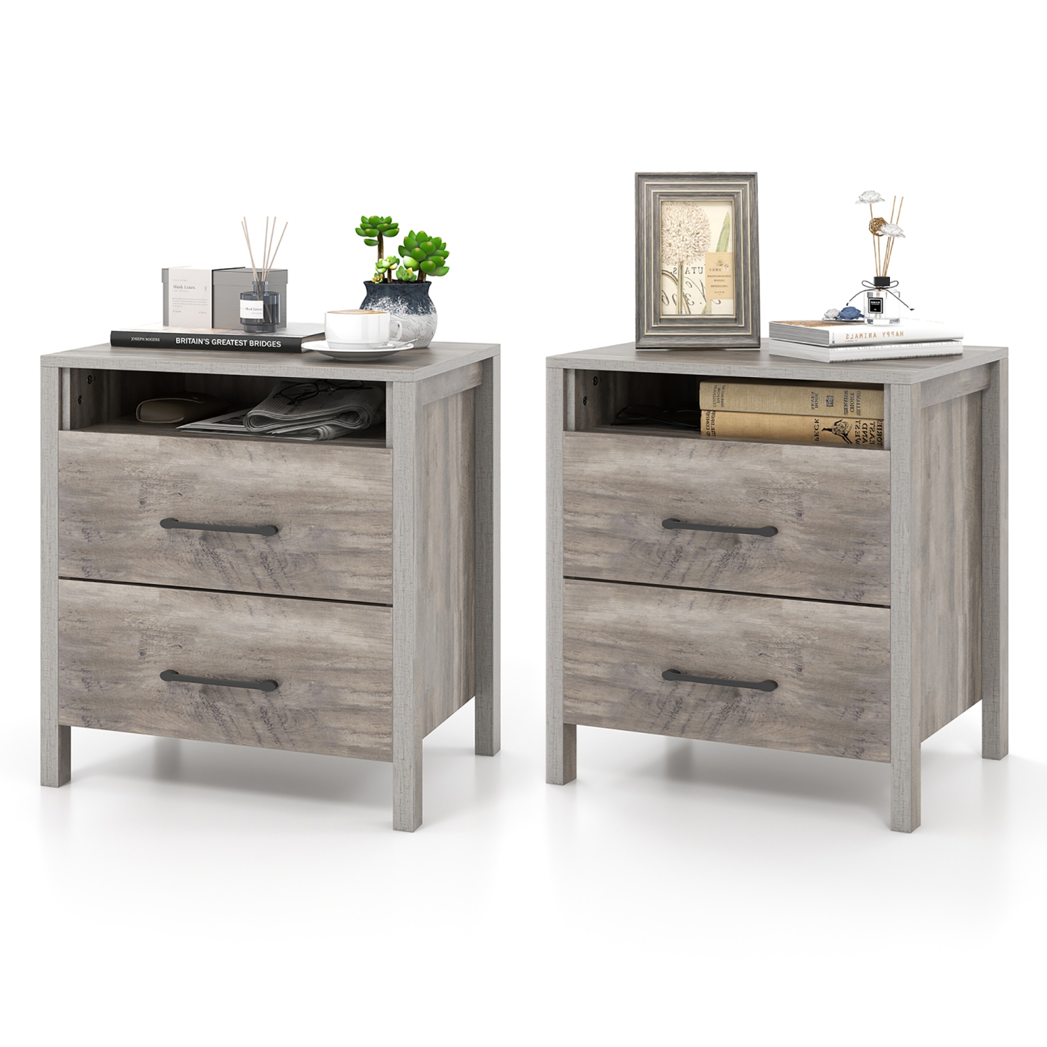 Gymax 2 PCS Nightstand w/ 2 Drawers Farmhouse Bed Side Table w/ Open Storage Shelf