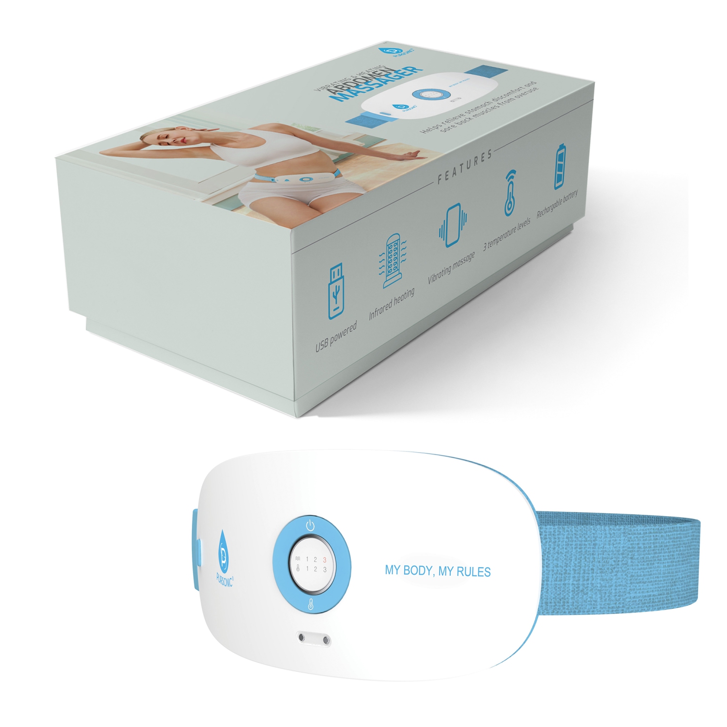 Pursonic Stomach & Back Massager, Heat Settings & USB Rechargeable
