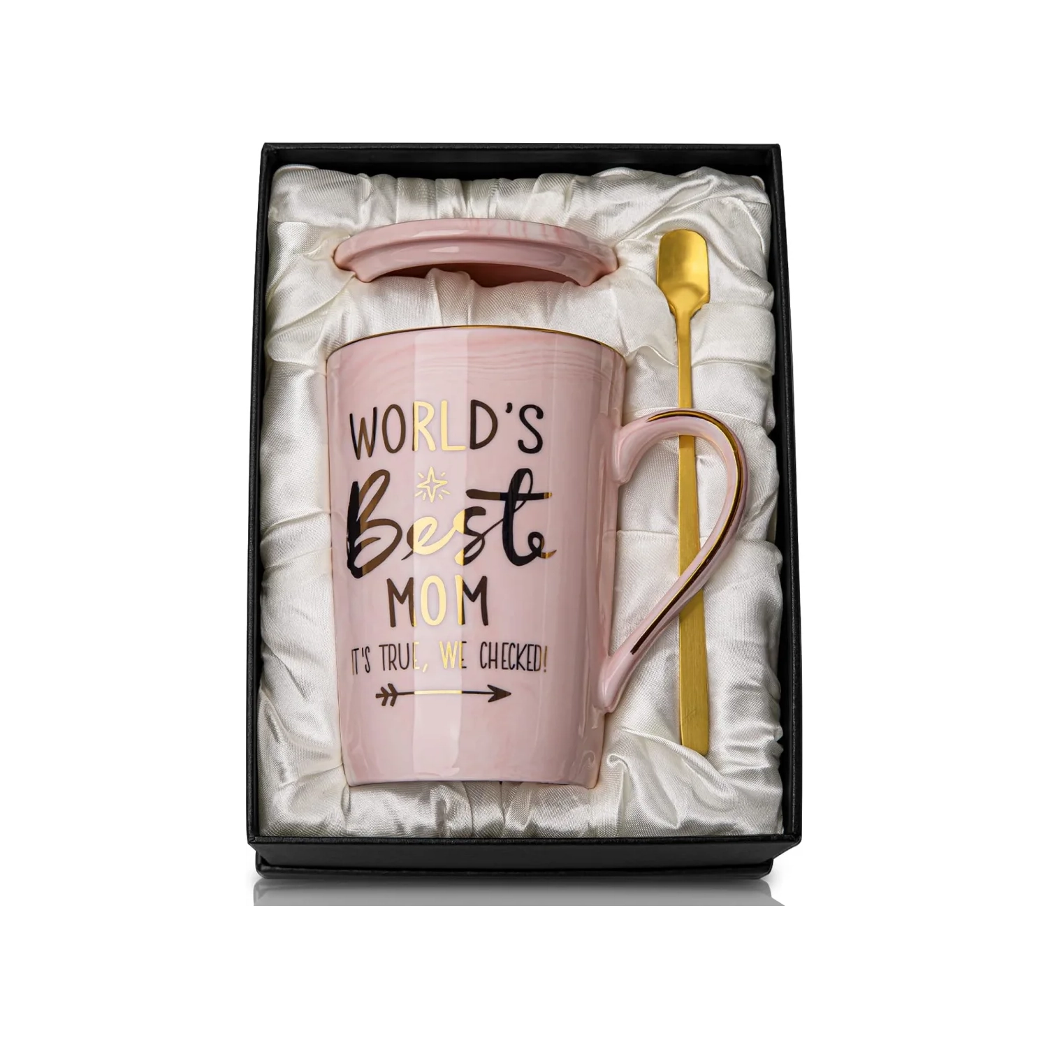 Mother's Day Funny Mug: 'World's Best Mom' Printed in Gold - Ideal Birthday Presents, 14OZ Pink Marble Ceramic Coffee Cup with Lid, Nicely Gift-Boxed!