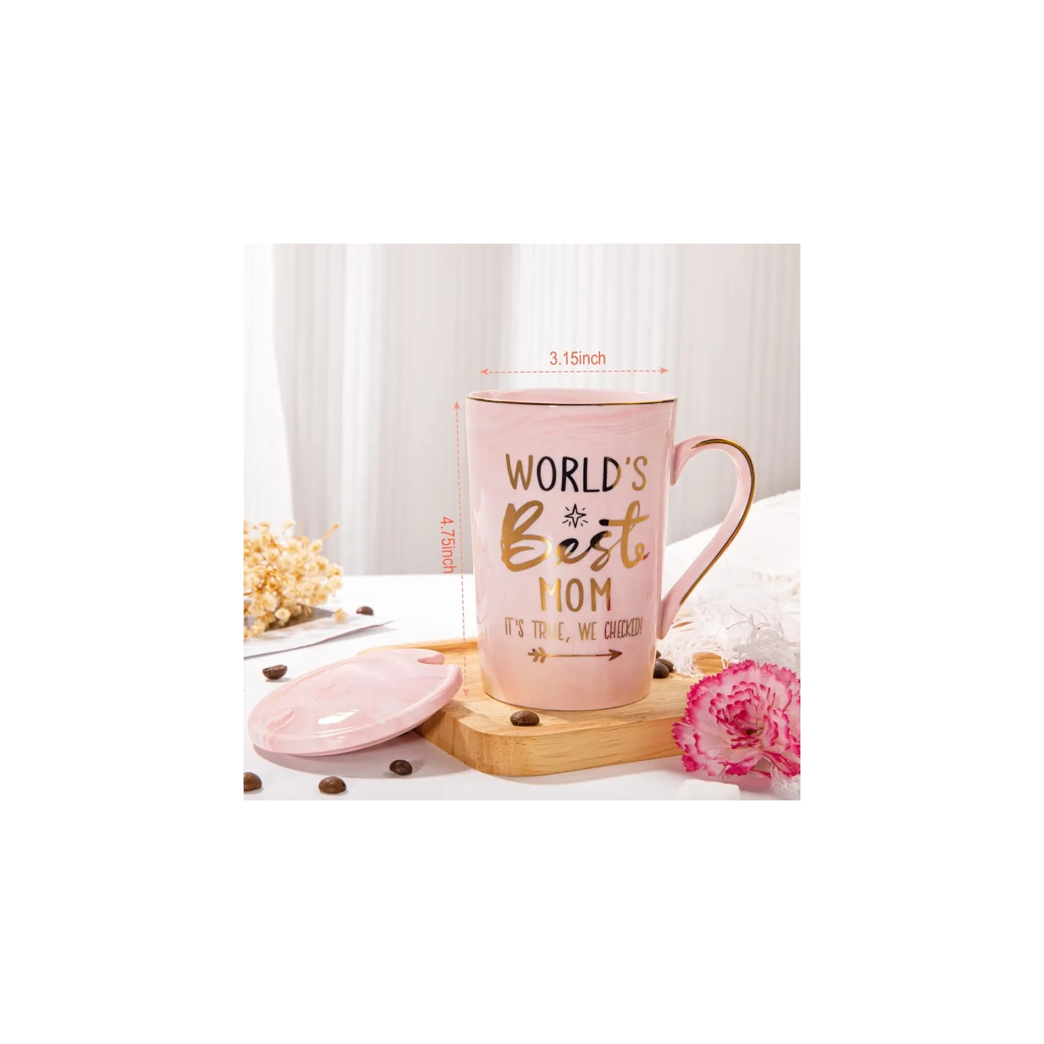 Mother's Day Funny Mug: 'World's Best Mom' Printed in Gold - Ideal Birthday Presents, 14OZ Pink Marble Ceramic Coffee Cup with Lid, Nicely Gift-Boxed!
