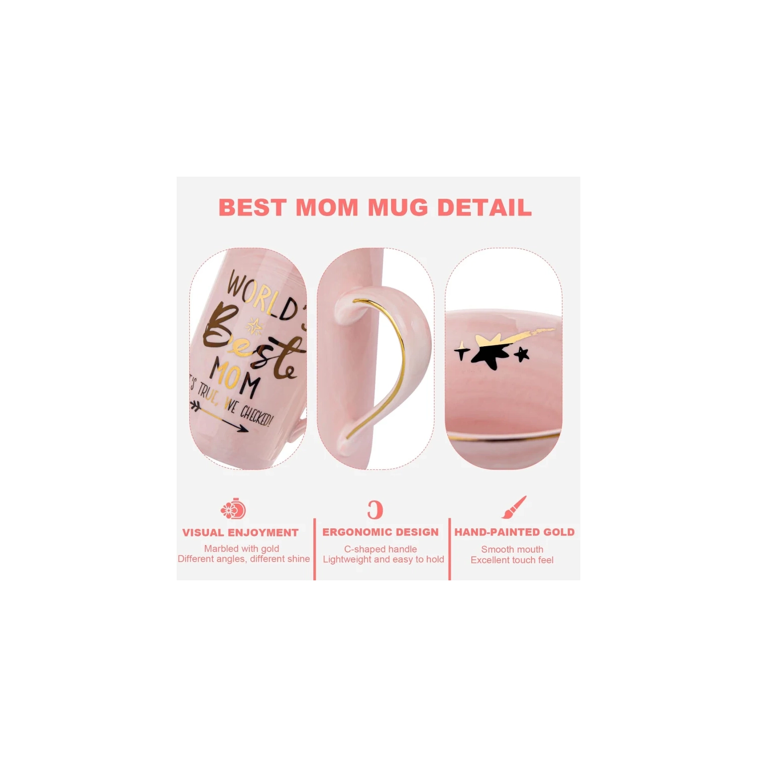 Mother's Day Funny Mug: 'World's Best Mom' Printed in Gold - Ideal Birthday Presents, 14OZ Pink Marble Ceramic Coffee Cup with Lid, Nicely Gift-Boxed!