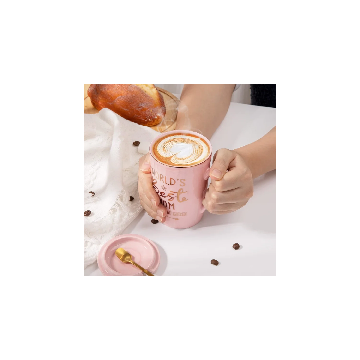 Mother's Day Funny Mug: 'World's Best Mom' Printed in Gold - Ideal Birthday Presents, 14OZ Pink Marble Ceramic Coffee Cup with Lid, Nicely Gift-Boxed!