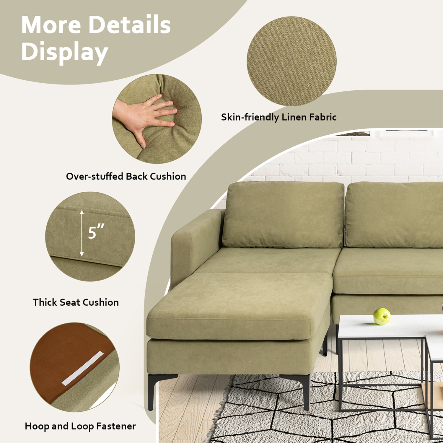 Sofa modulaire modulaire en L avec divan USB réversible et 2 ports USB verts de Costway