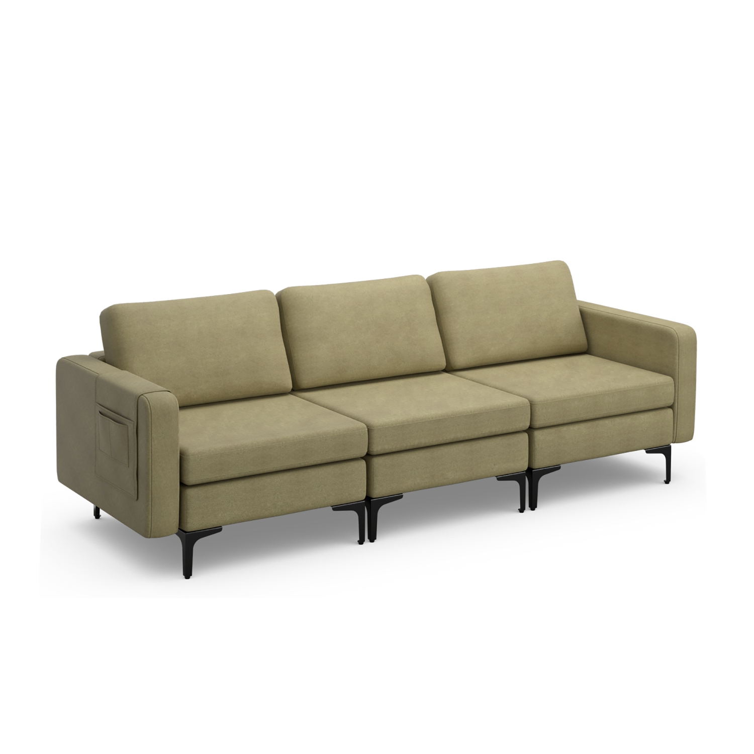 Costway Modern Modular Sofa 3-Seat Sofa Couch w/ Side Storage Pocket & Metal Leg Green