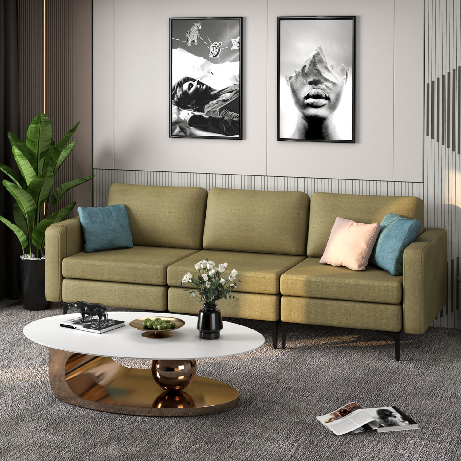 Costway Modern Modular Sofa 3-Seat Sofa Couch w/ Side Storage Pocket & Metal Leg Green