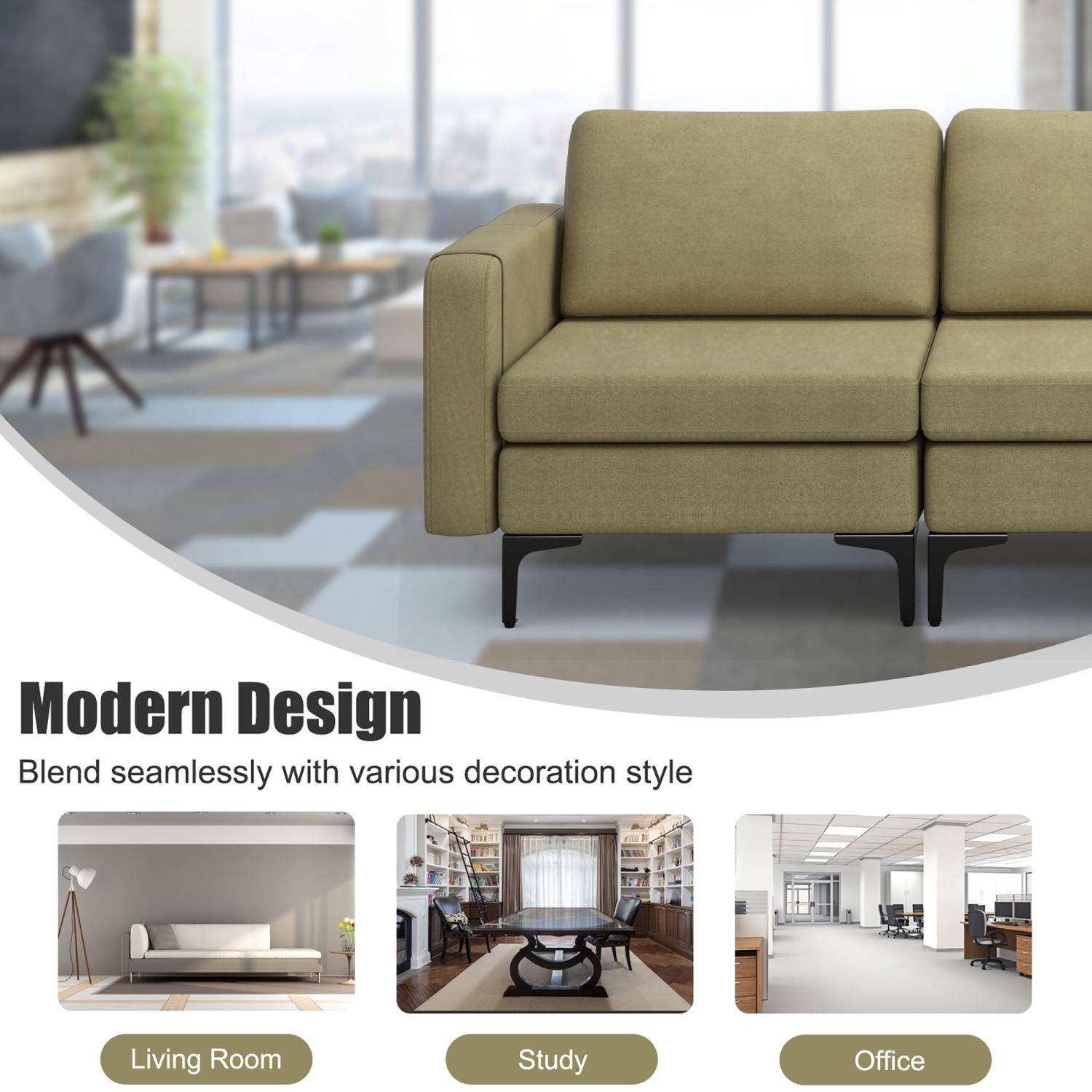 Costway Modern Modular Sofa 3-Seat Sofa Couch w/ Side Storage Pocket & Metal Leg Green