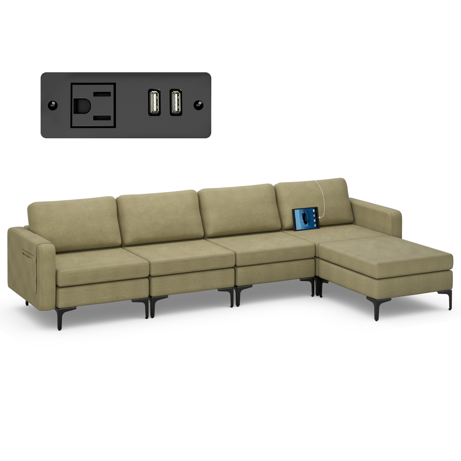 Costway Modular L-shaped Sectional Sofa USB Sofa w/ Reversible Chaise & 2 USB Ports Green