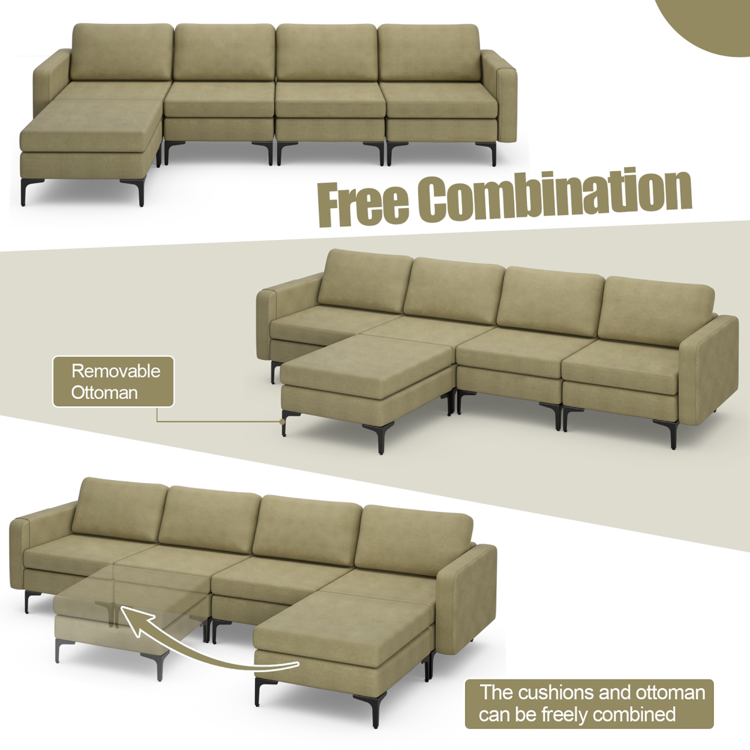 Costway Modular L-shaped Sectional Sofa USB Sofa w/ Reversible Chaise & 2 USB Ports Green