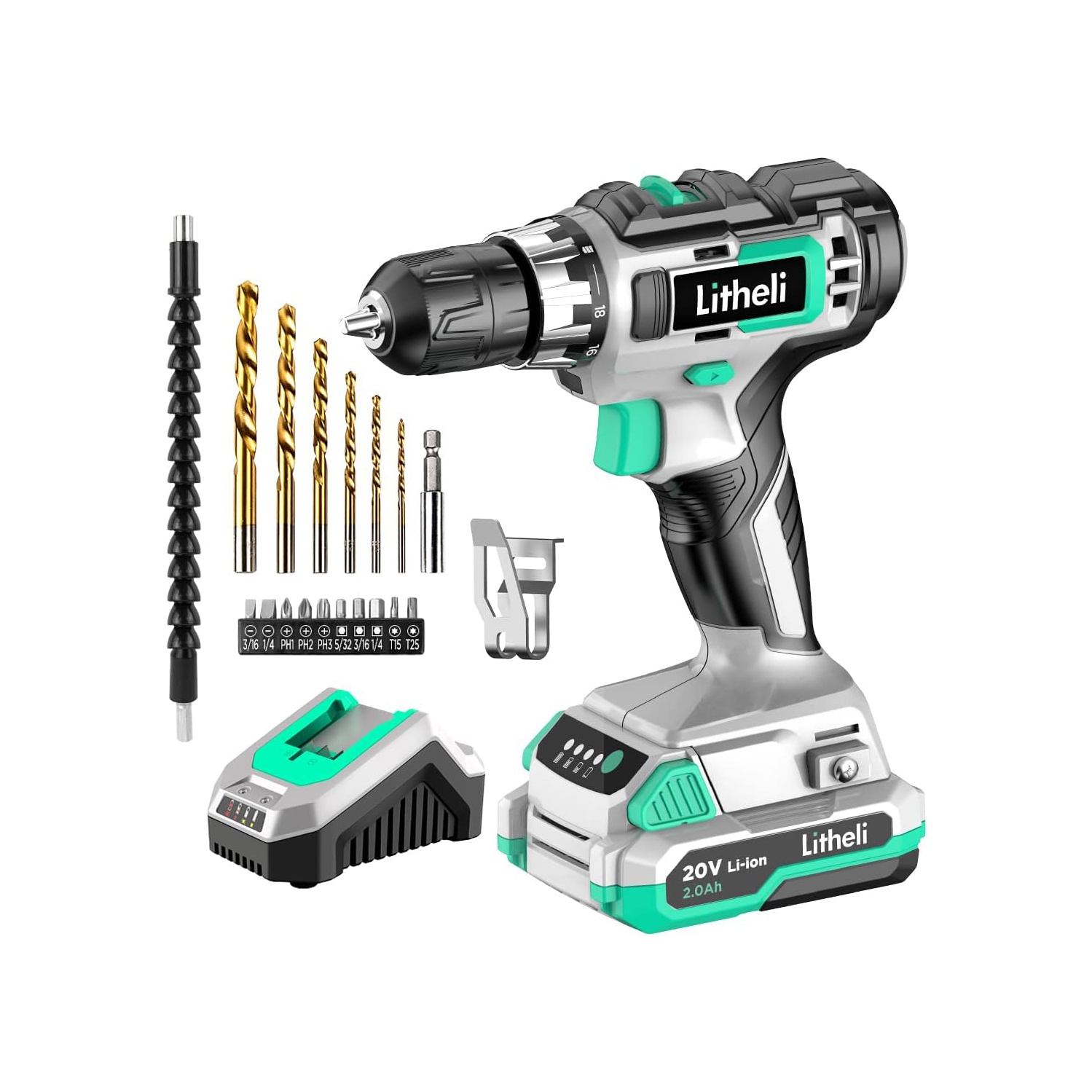 Perceuse sans fil Litheli, perceuse sans fil 20&nbsp;V Max, vitesse variable, batterie 2,0&nbsp;Ah et chargeur rapide de 1 heures inclus