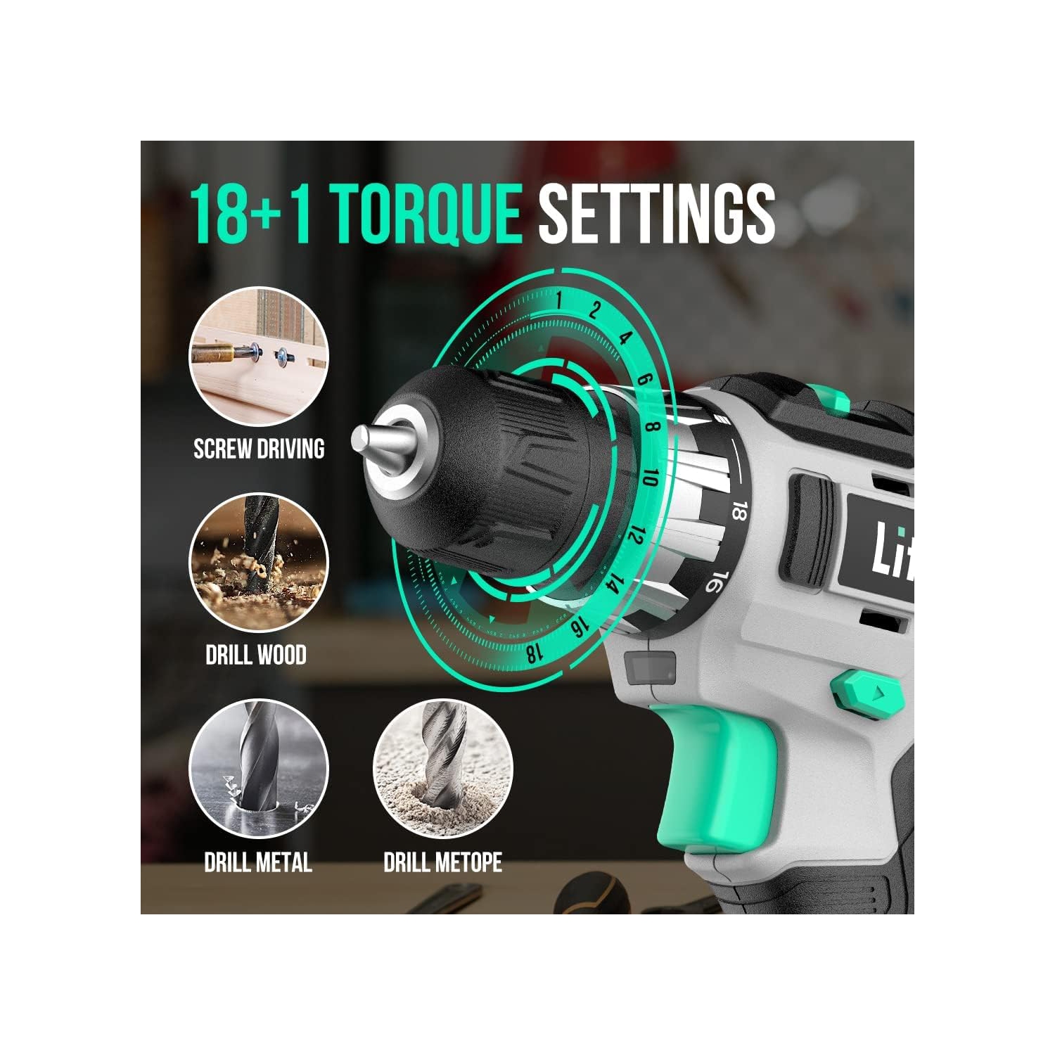 Perceuse sans fil Litheli, perceuse sans fil 20&nbsp;V Max, vitesse variable, batterie 2,0&nbsp;Ah et chargeur rapide de 1 heures inclus