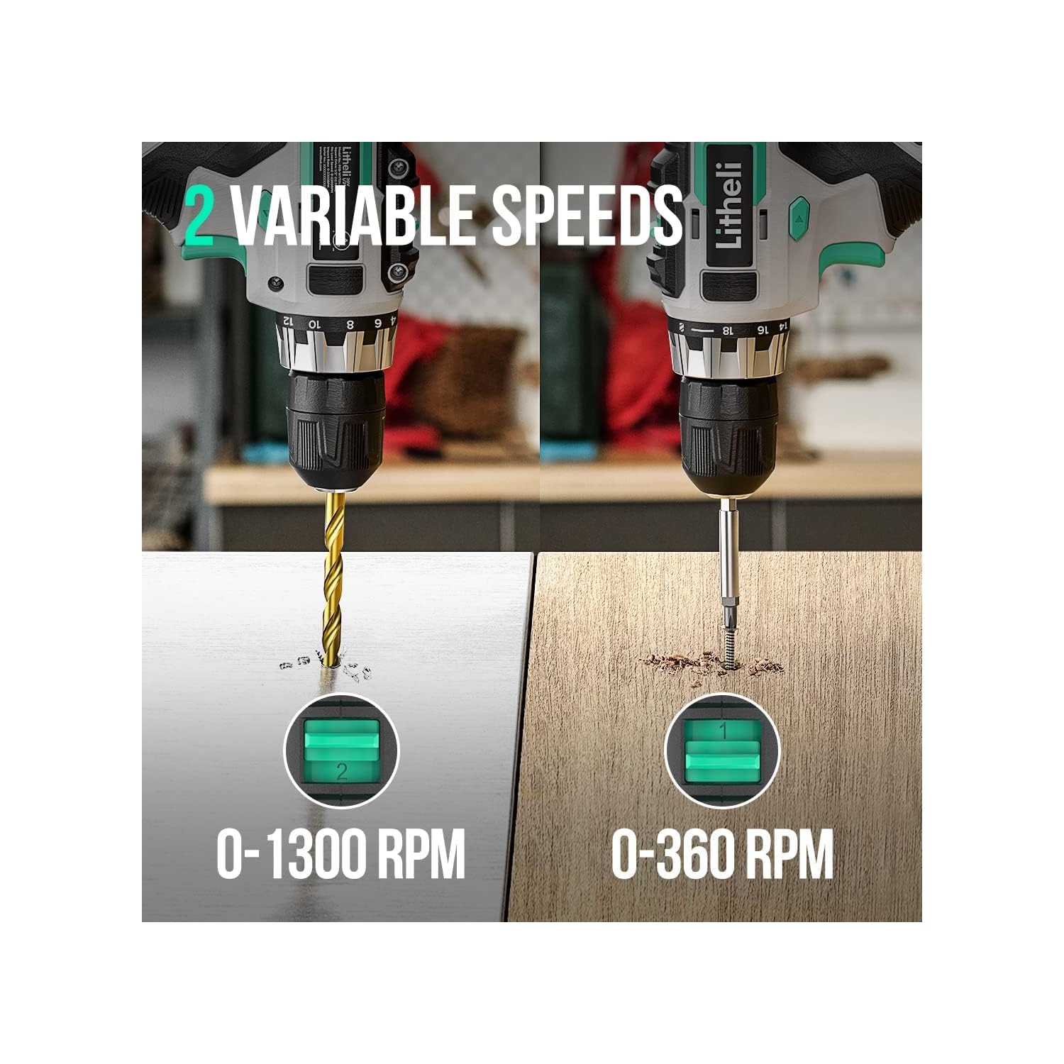 Perceuse sans fil Litheli, perceuse sans fil 20&nbsp;V Max, vitesse variable, batterie 2,0&nbsp;Ah et chargeur rapide de 1 heures inclus