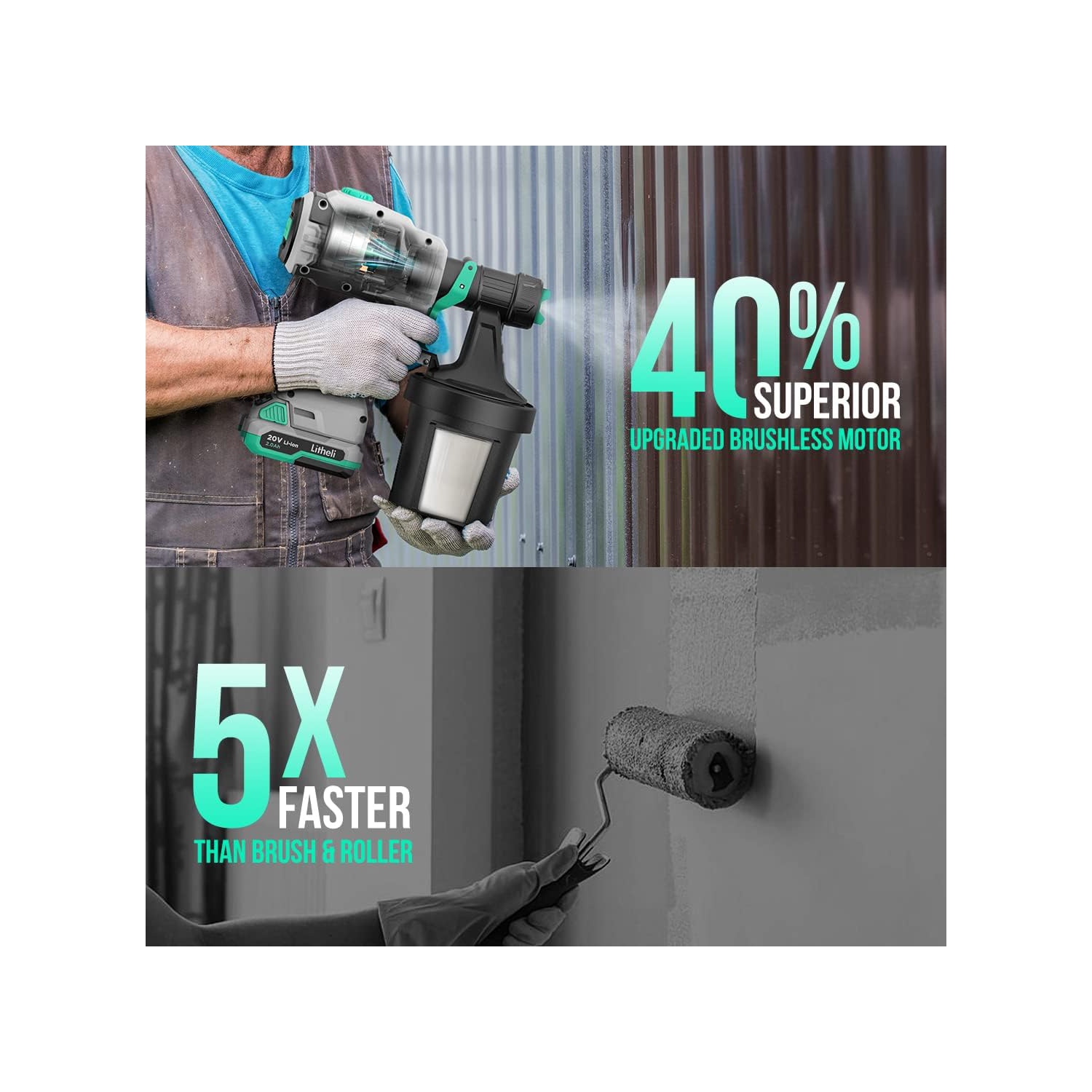 Litheli HVLP Paint Sprayer with Brushless Motor, 20V Paint Sprayers for Home Interior and Exterior, Cordless Paint Gun for Car, Deck, Furniture, with