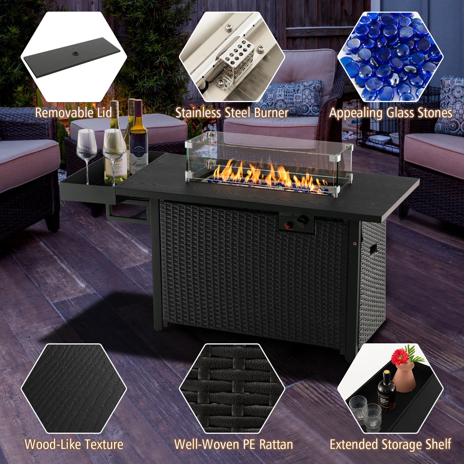 Gymax Propane Gas Fire Pit Table 52 Inch Propane Fire Pit w/ Wind Guard 50,000 BTU Heat Output Black
