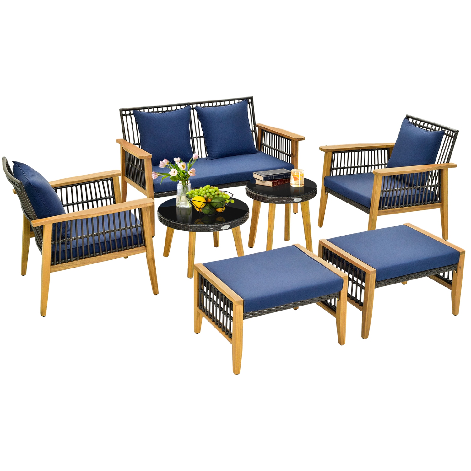 Gymax 7PCS Conversation Set Rattan Woven Chair Set w/ 2 Coffee Tables & 2 Ottomans
