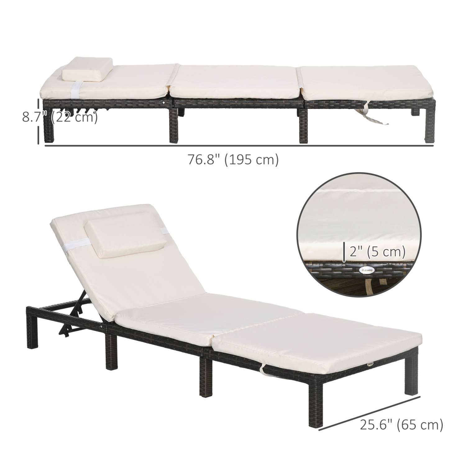 Chaise longue de patio Outsunny, chaise longue d'extérieur ajustable à 5 niveaux, chaise longue en rotin avec dossier inclinable, appuie-tête pour la