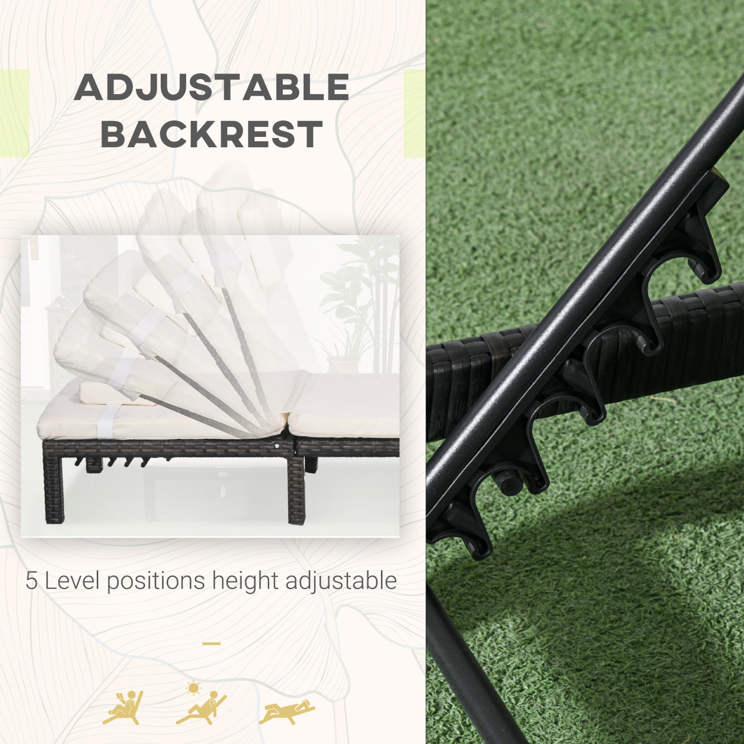 Chaise longue de patio Outsunny, chaise longue d'extérieur ajustable à 5 niveaux, chaise longue en rotin avec dossier inclinable, appuie-tête pour la