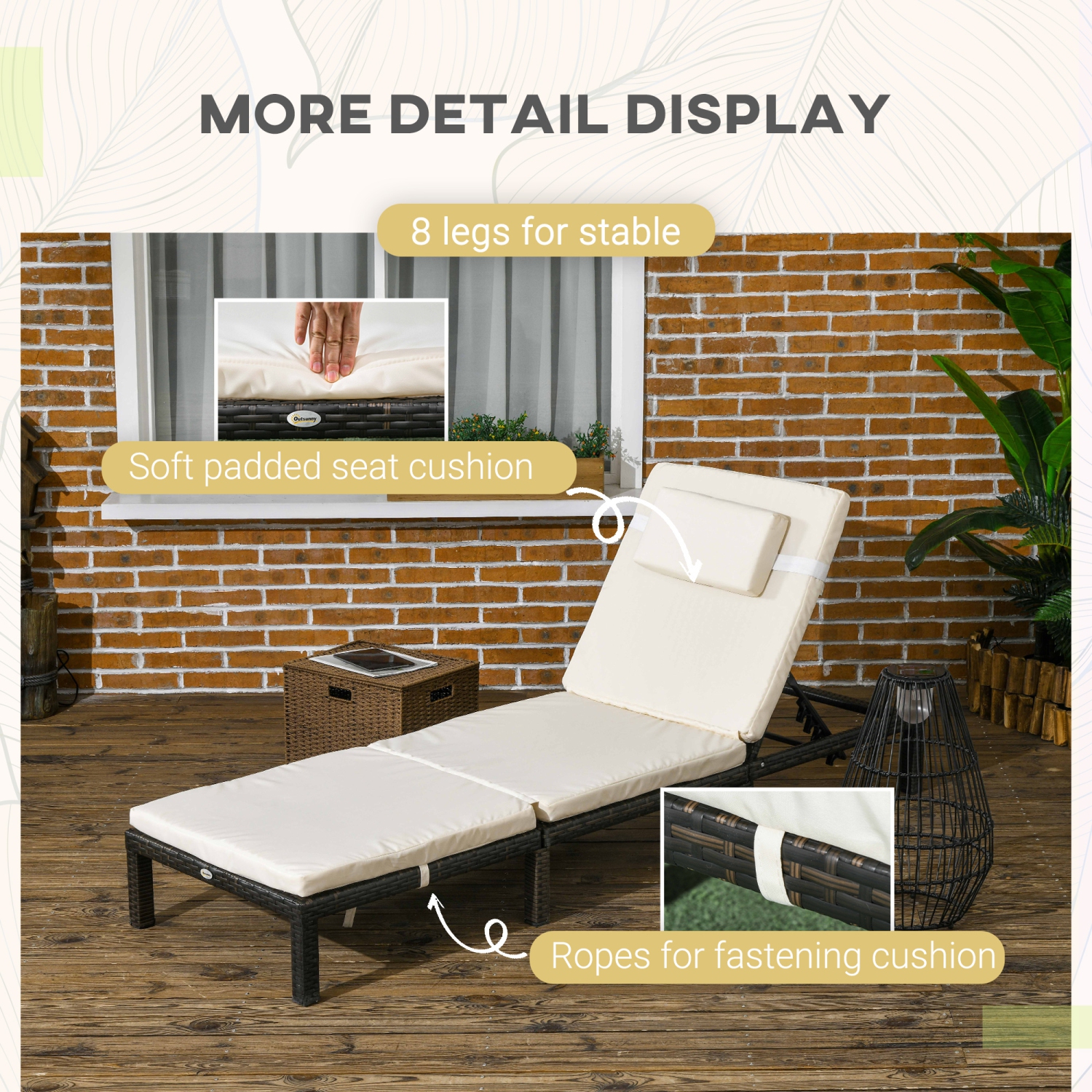 Chaise longue de patio Outsunny, chaise longue d'extérieur ajustable à 5 niveaux, chaise longue en rotin avec dossier inclinable, appuie-tête pour la