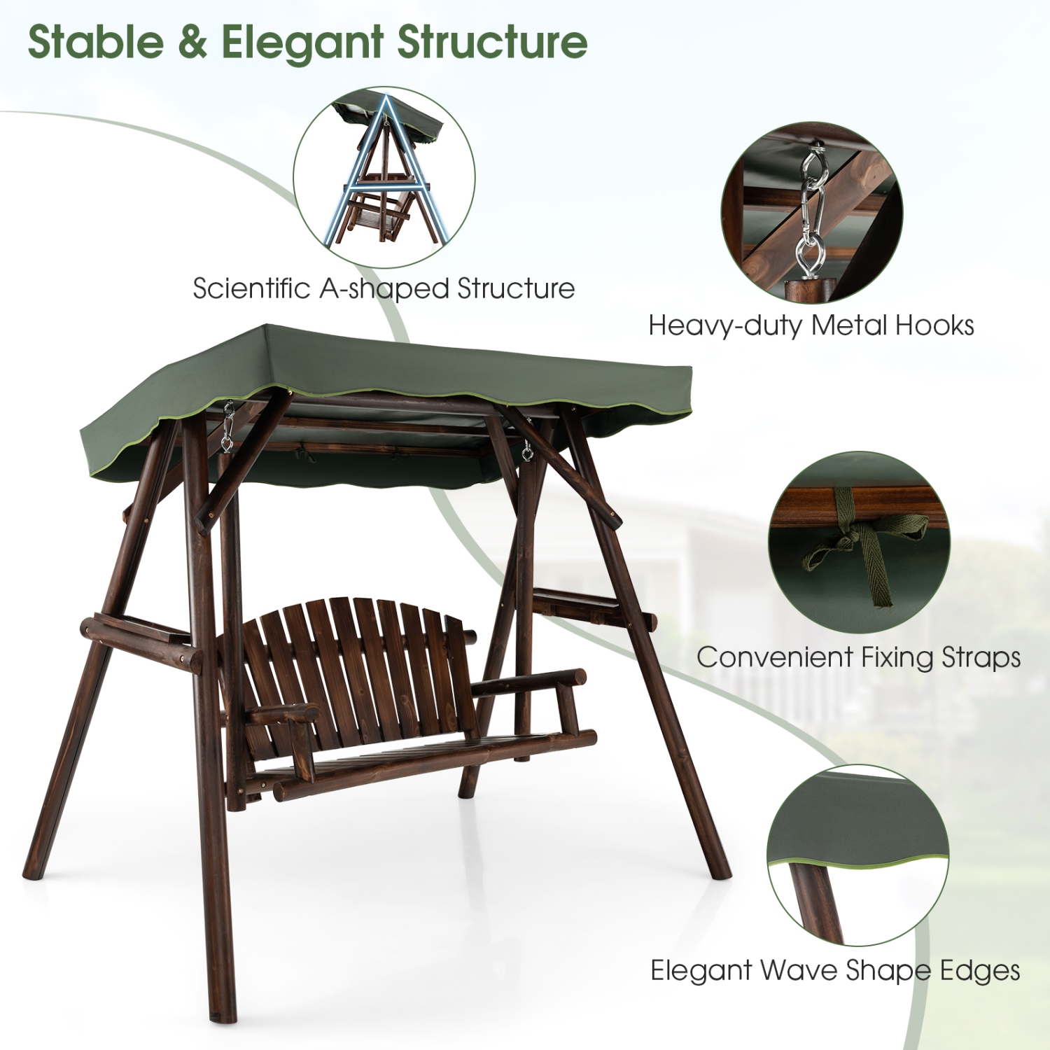 Gymax 2 Person Wooden Garden Swing Bench Chair w/ Adjustable Cover for Garden Porch