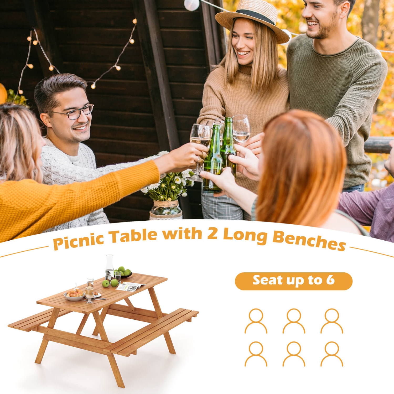 Gymax 6 Person Picnic Table Set w/ Table 2 Built-in Benches 2'' Umbrella Hole Patio