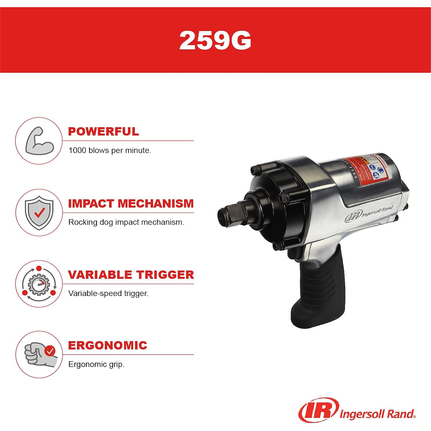 Ingersoll Rand 259G Edge Series 3/4" Drive Air Impact Wrench, 1050 ft lbs Max Reverse Torque, Variable Speed Trigger, 6 Vane Motor, Forward/Reverse
