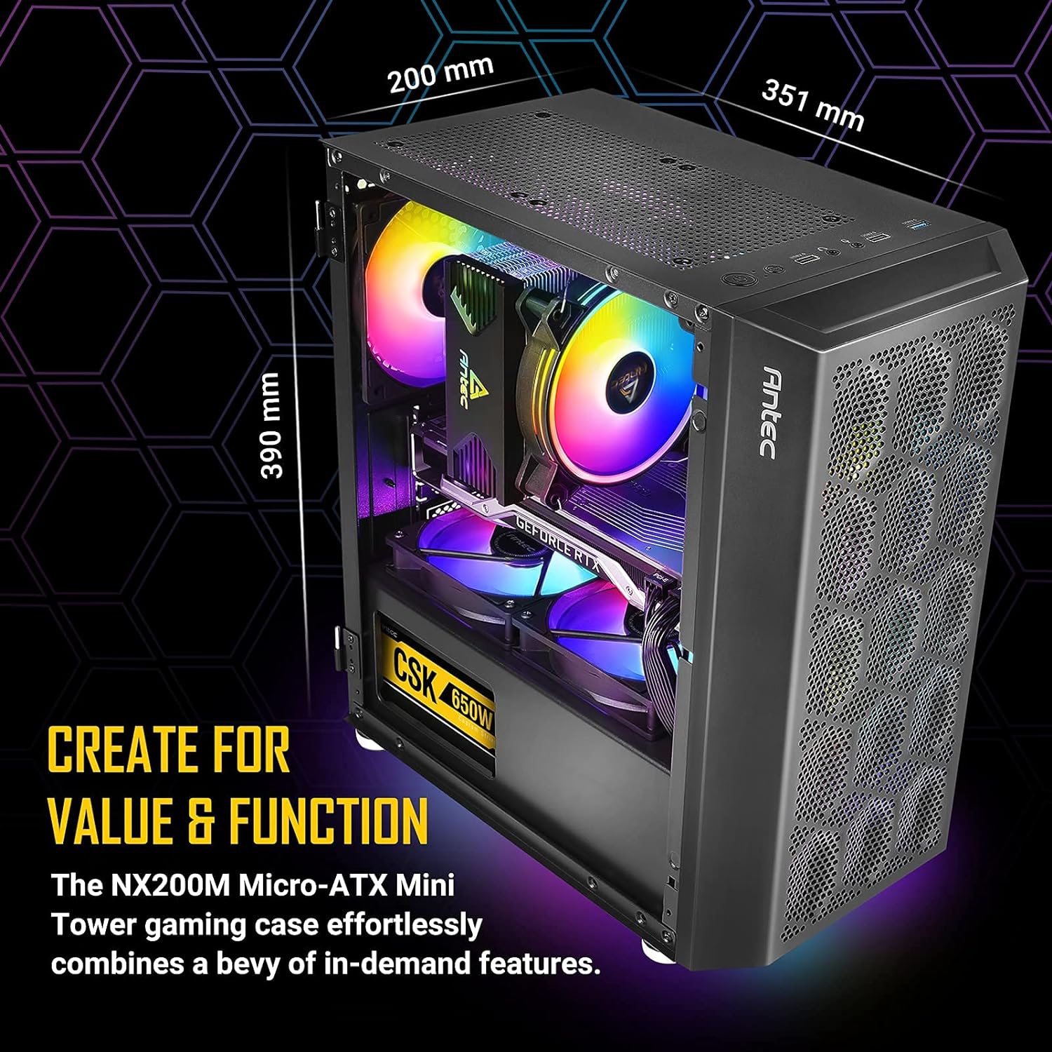 Antec – Boîtier d’ordinateur mini-tour NX200 M, micro-ATX avec ventilateur arrière 120 mm préinstallé, conception maillée dans le panneau