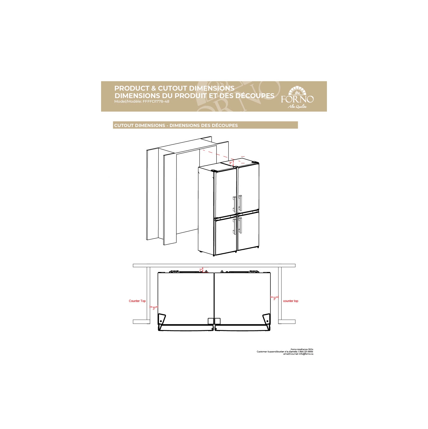 Forno Guardia 46.8-Inch Side-by-Side Bottom Freezer Refrigerator Stainless Steel, 21.6 cu.ft.