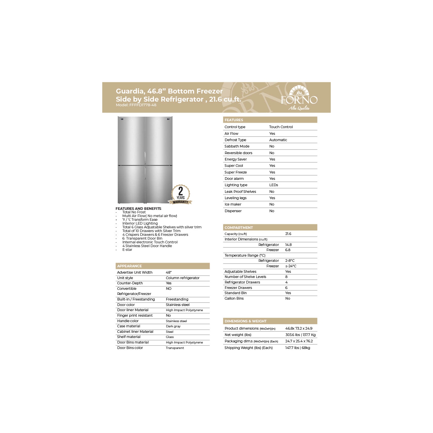 Forno Guardia 46.8-Inch Side-by-Side Bottom Freezer Refrigerator Stainless Steel, 21.6 cu.ft.