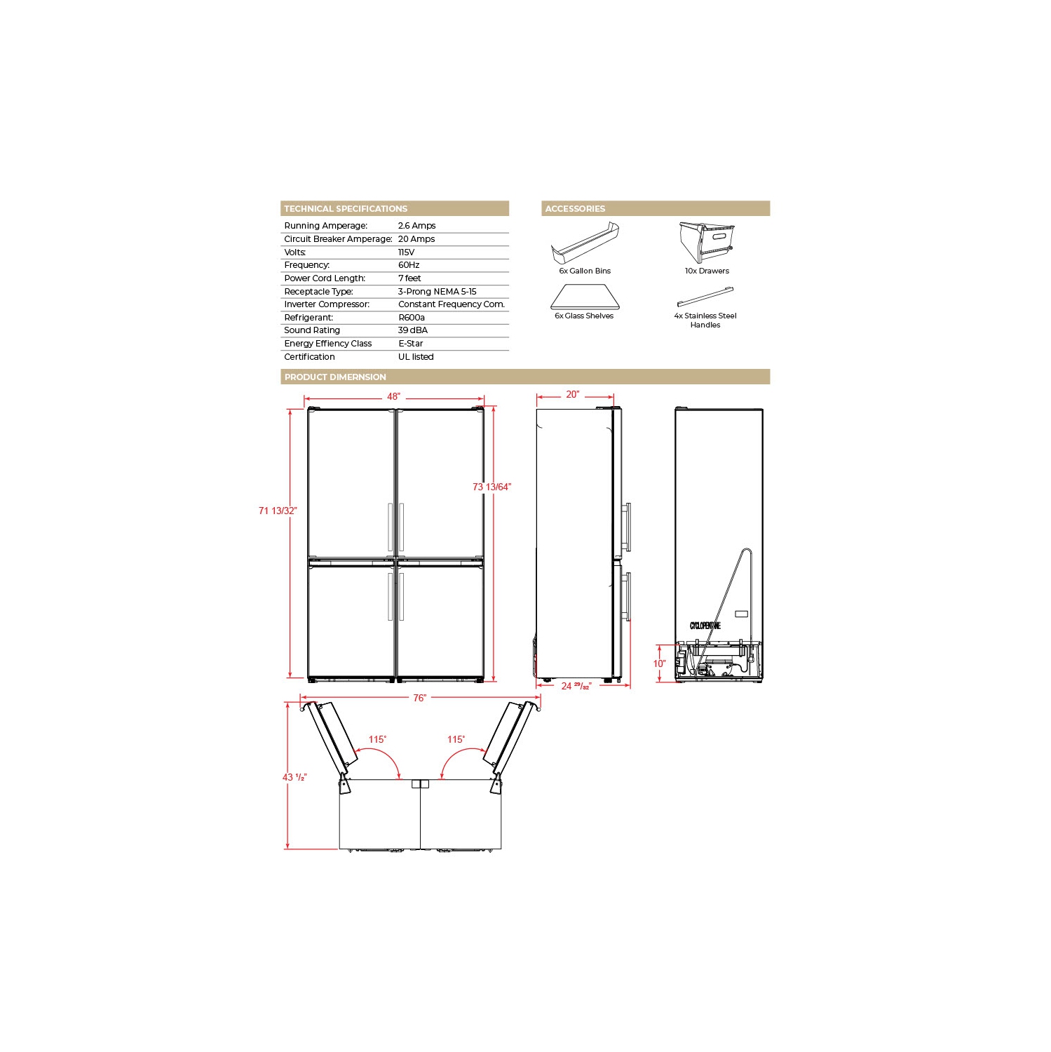 Forno Guardia 46.8-Inch Side-by-Side Bottom Freezer Refrigerator Stainless Steel, 21.6 cu.ft.