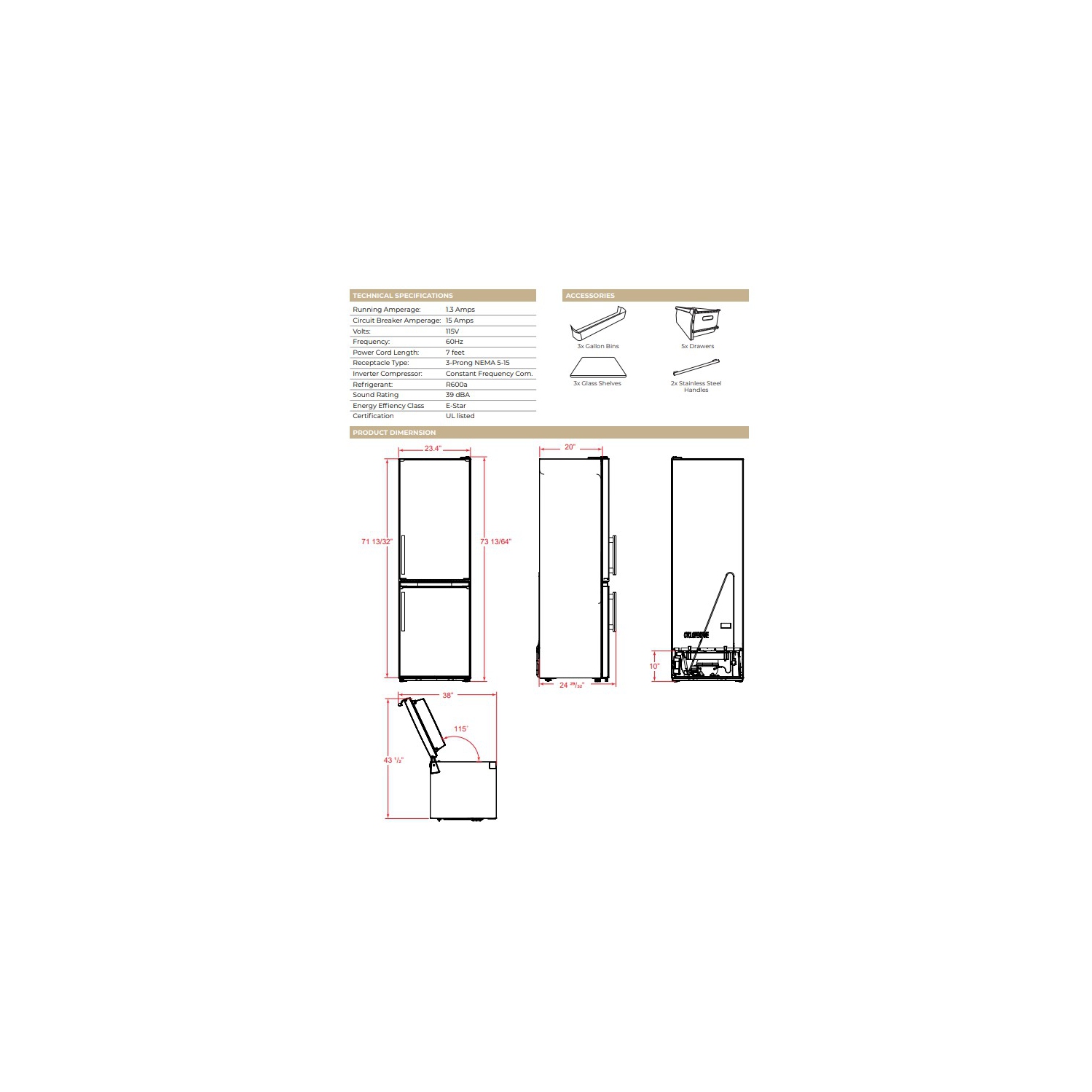 Forno Guardia – Réfrigérateur à congélateur inférieur de 23,4&nbsp;po, ouverture à droite, acier inoxydable, 10,8&nbsp;pi³