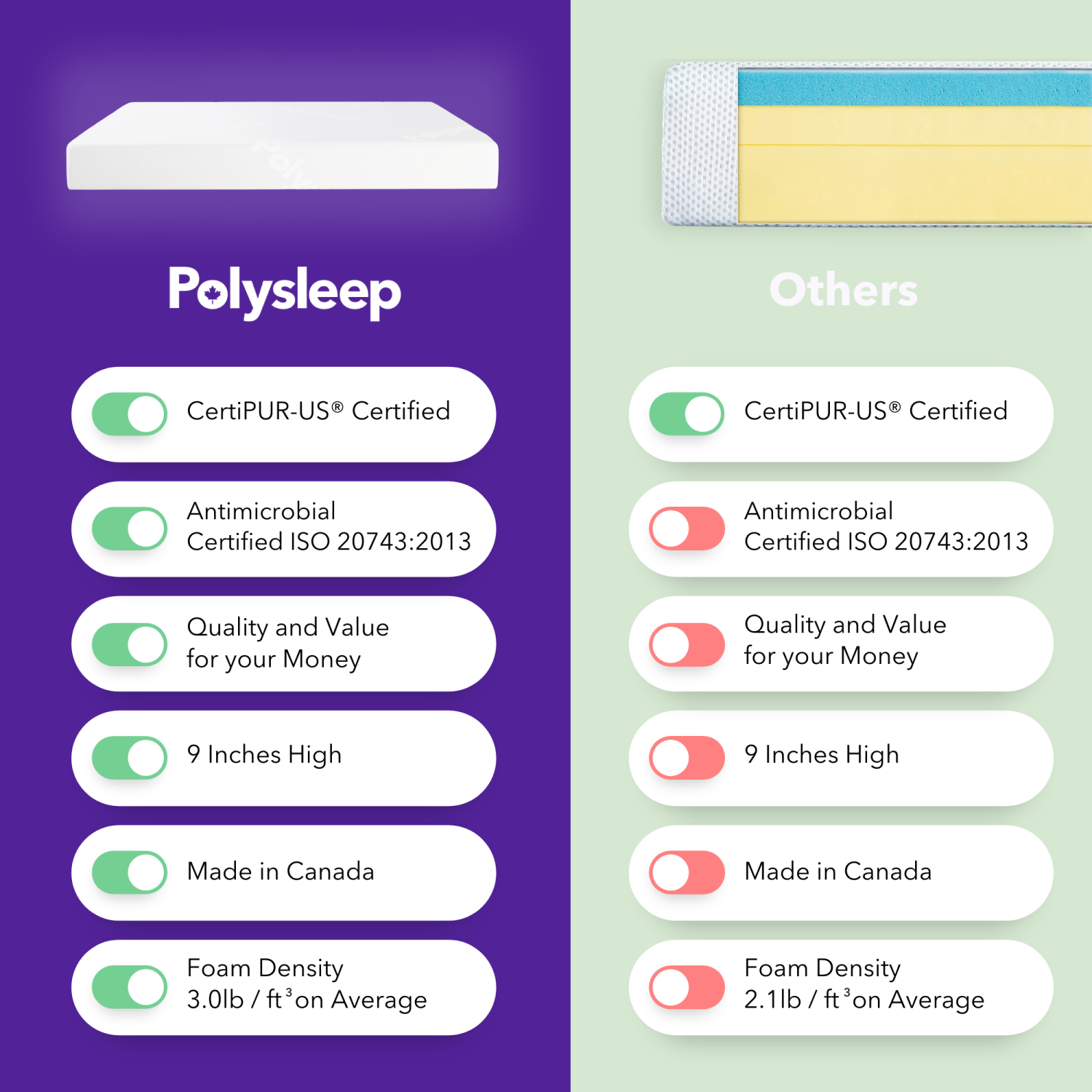 Matelas en mousse à mémoire de 9 po Sierra de Polysleep – matelas mi-ferme dans une boîte, fabriqué au Canada avec mousse antimicrobienne – Grand lit