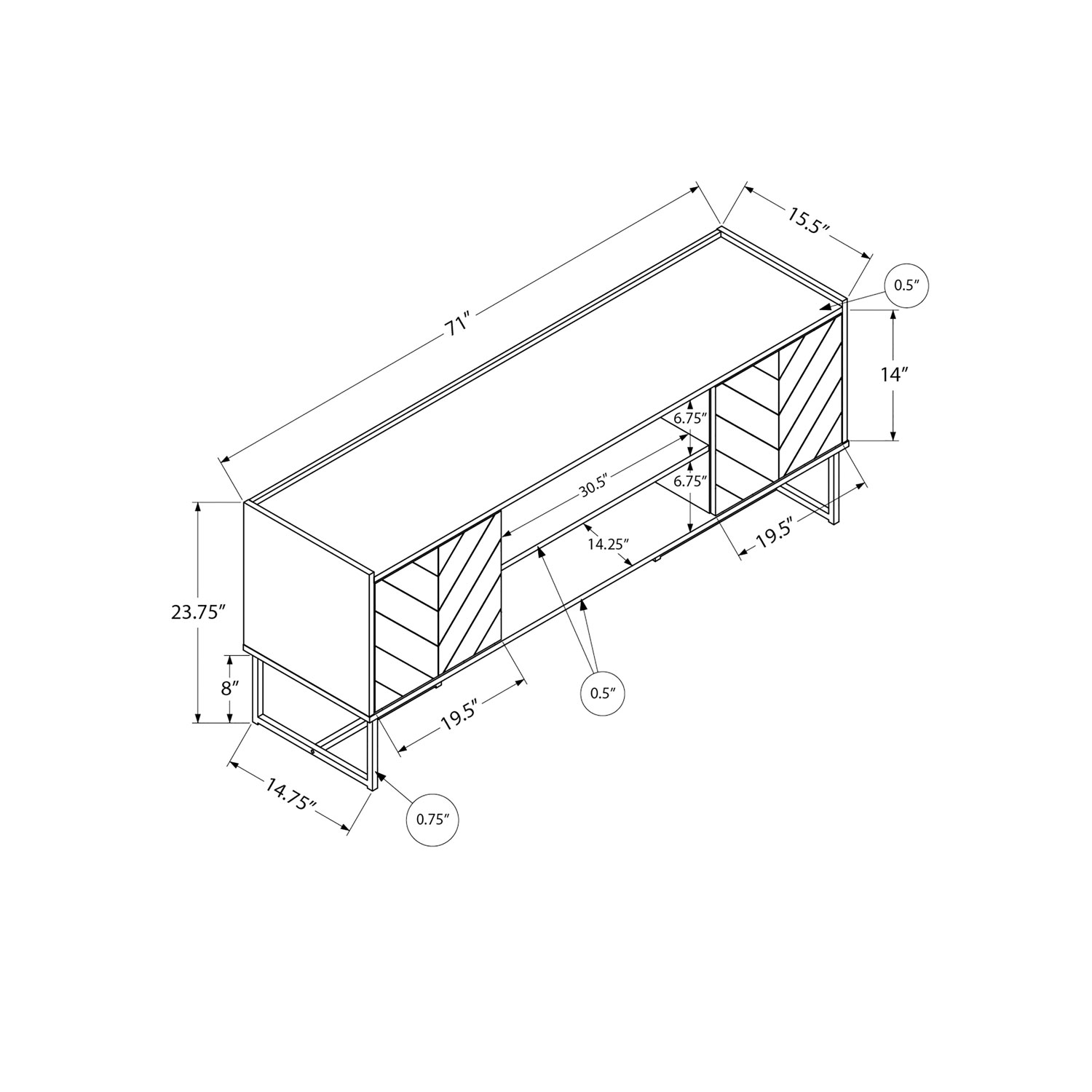 Meuble pour téléviseur de 72 po avec tablette et 2 armoires de rangement de Monarch - Noir/Brun