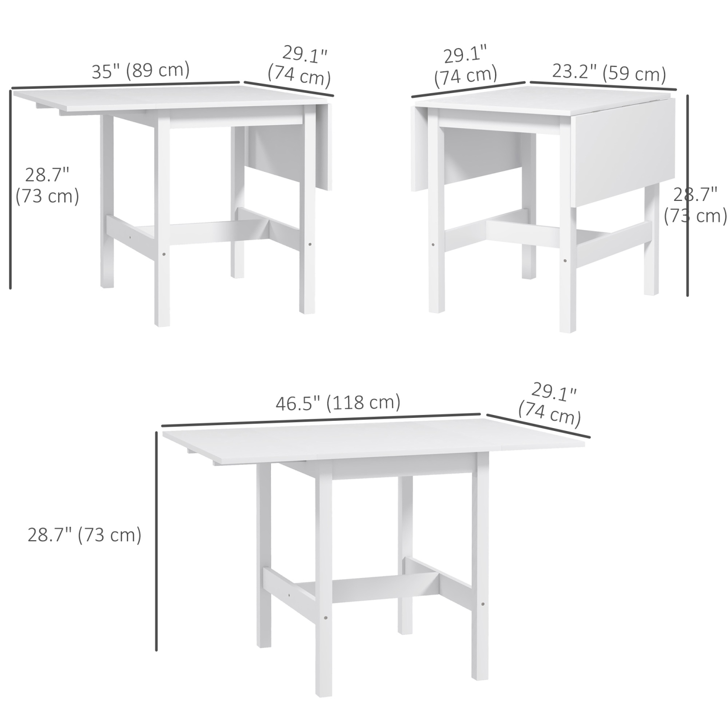 HOMCOM – Table de salle à manger pliable en bois massif, table à abattant pour petits espaces, table pliante pour cuisine, salle à manger, blanc
