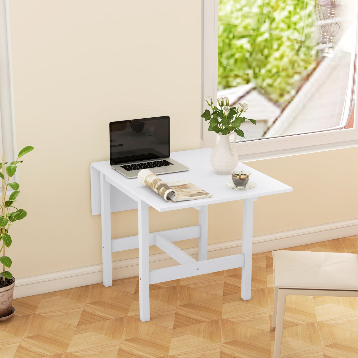 HOMCOM – Table de salle à manger pliable en bois massif, table à abattant pour petits espaces, table pliante pour cuisine, salle à manger, blanc