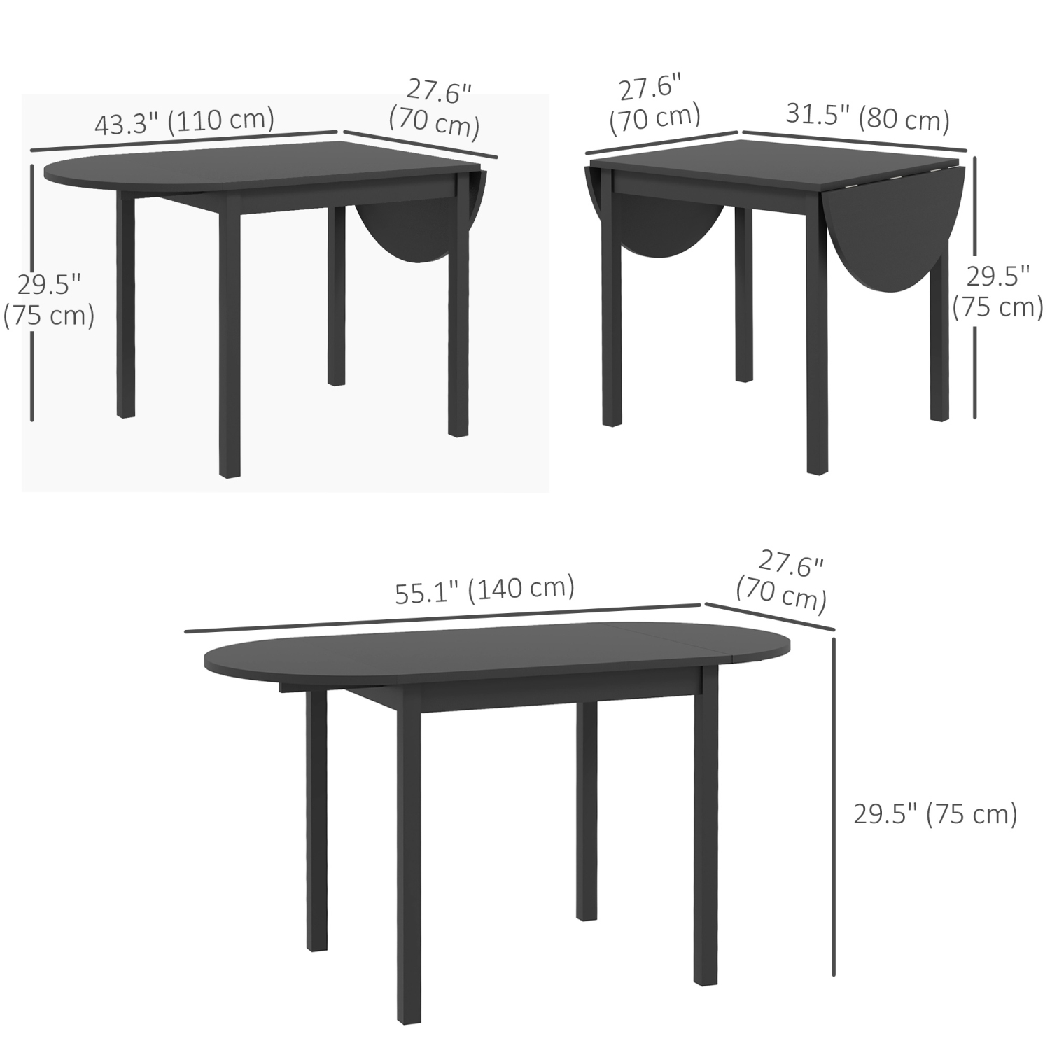 HOMCOM – Table de cuisine en bois massif de 55&nbsp;po pour 4-6&nbsp;personnes, tables ovales à abattant pour petits espaces, table de salle à manger
