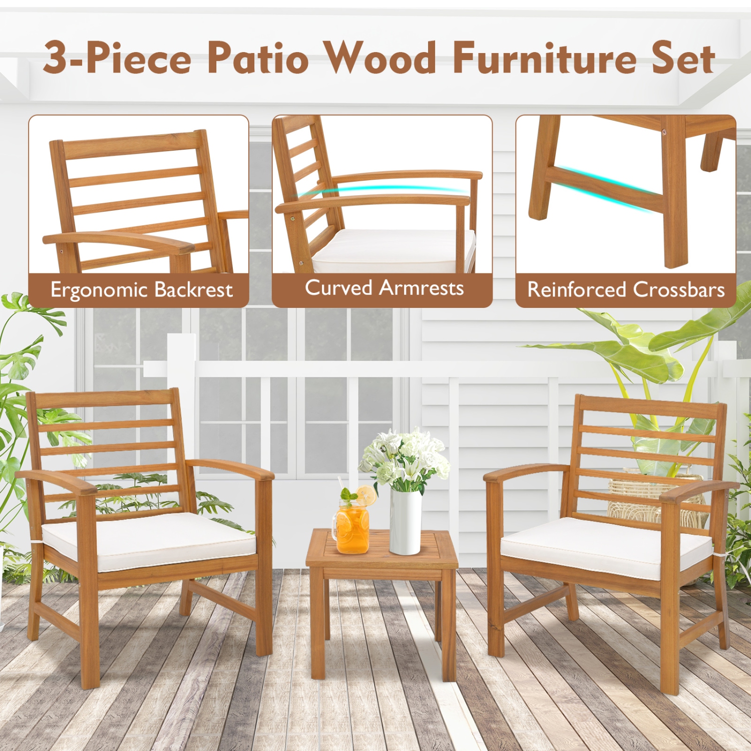 Gymax 3PCS Furniture Set Acacia Wood Conversation Set w/ Soft Seat Cushions Outdoor White