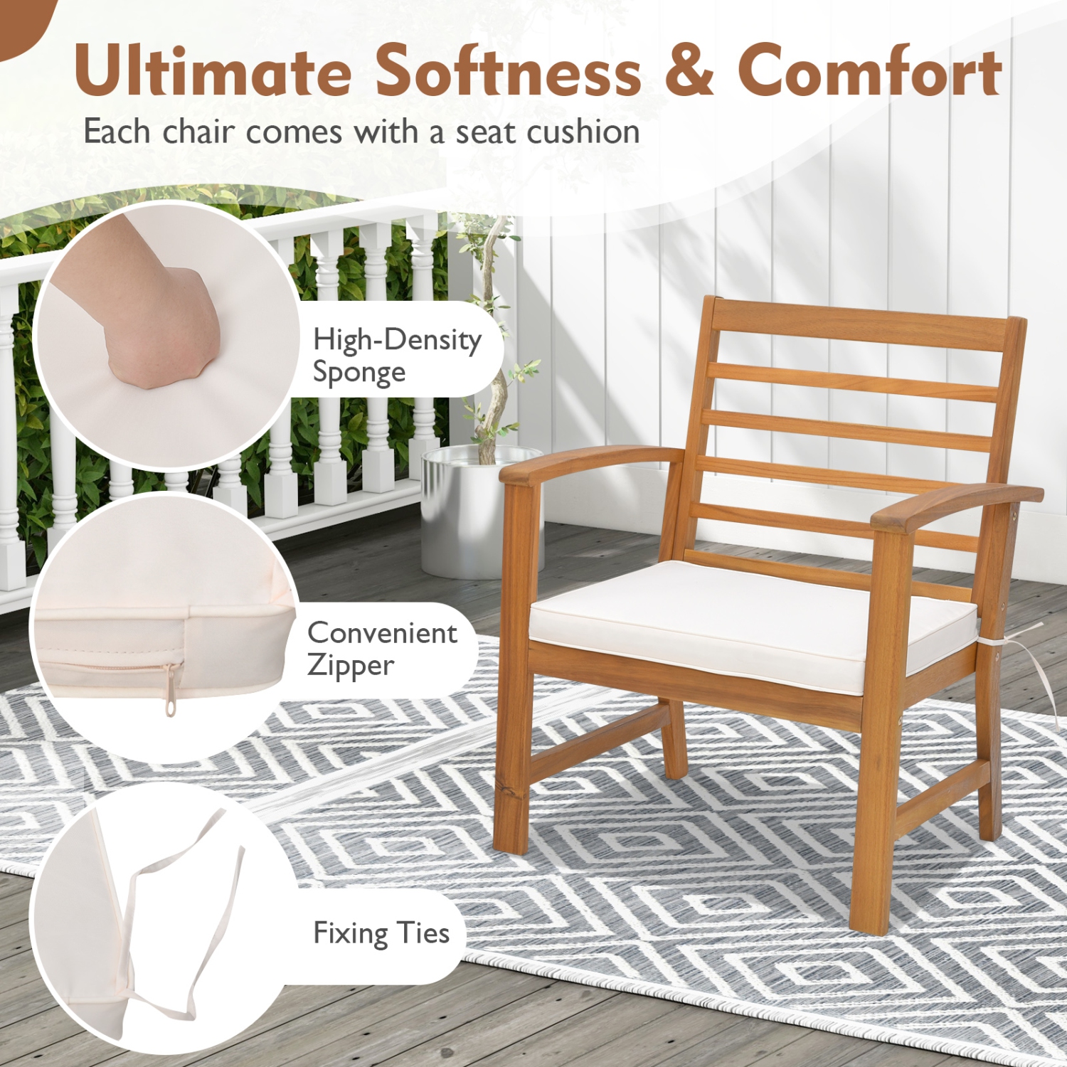 Gymax 3PCS Furniture Set Acacia Wood Conversation Set w/ Soft Seat Cushions Outdoor White