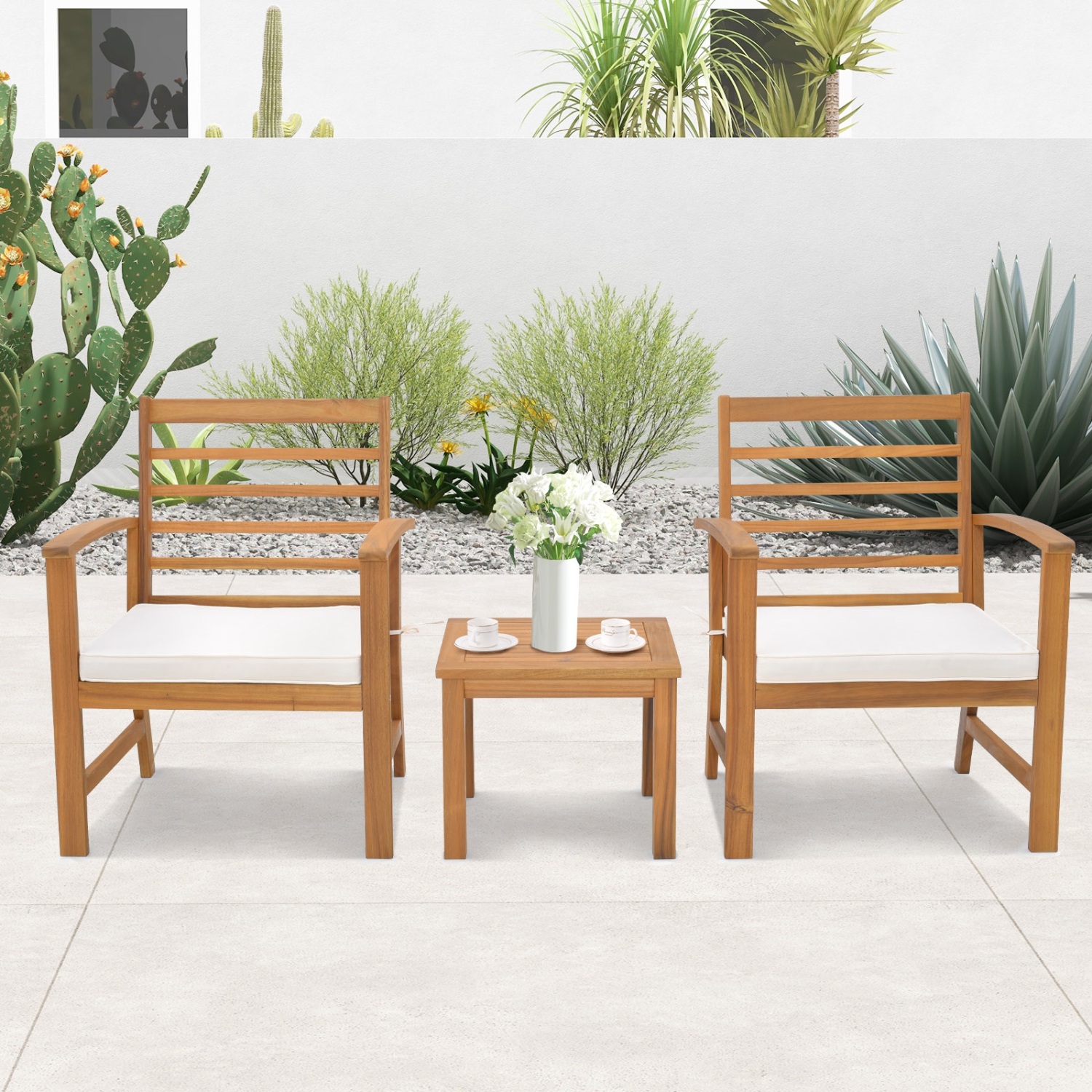Gymax 3PCS Furniture Set Acacia Wood Conversation Set w/ Soft Seat Cushions Outdoor White
