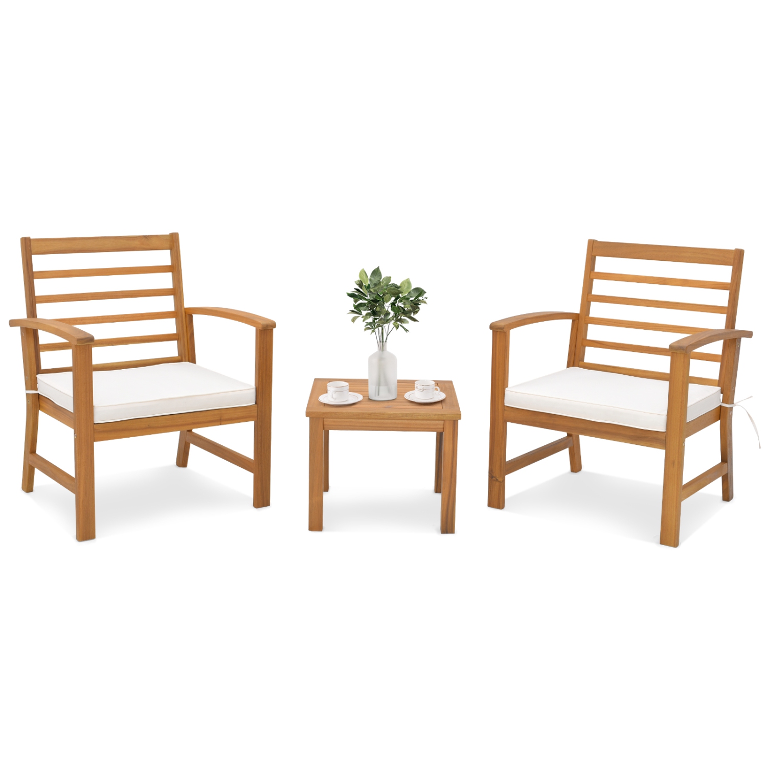 Gymax 3PCS Furniture Set Acacia Wood Conversation Set w/ Soft Seat Cushions Outdoor White