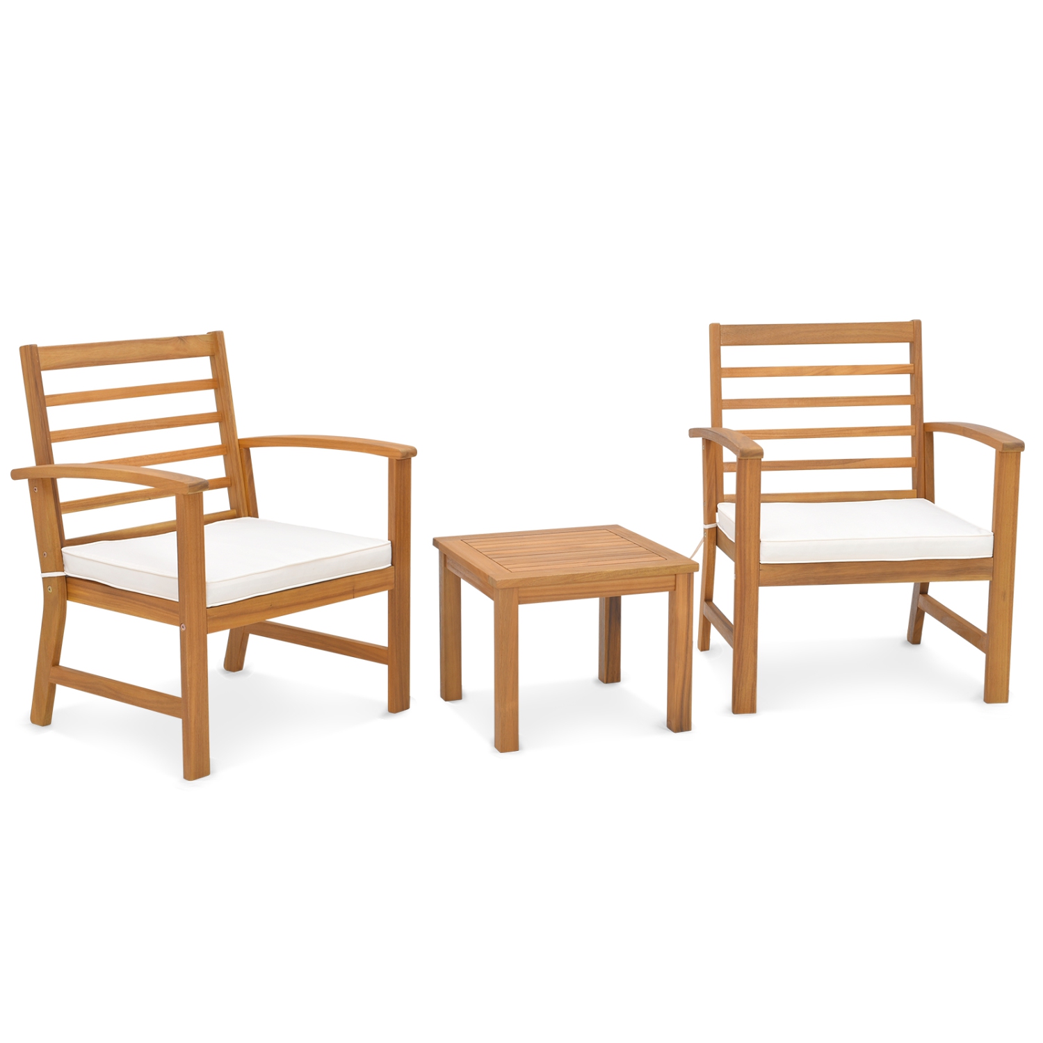 Gymax 3PCS Furniture Set Acacia Wood Conversation Set w/ Soft Seat Cushions Outdoor White