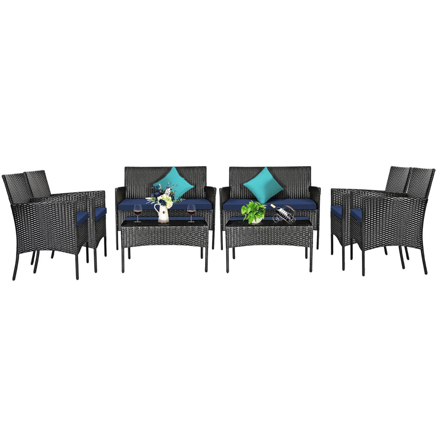 Gymax 8PCS Rattan Furniture Set Cushioned Sofa Coffee Table Backyard Porch Patio Navy