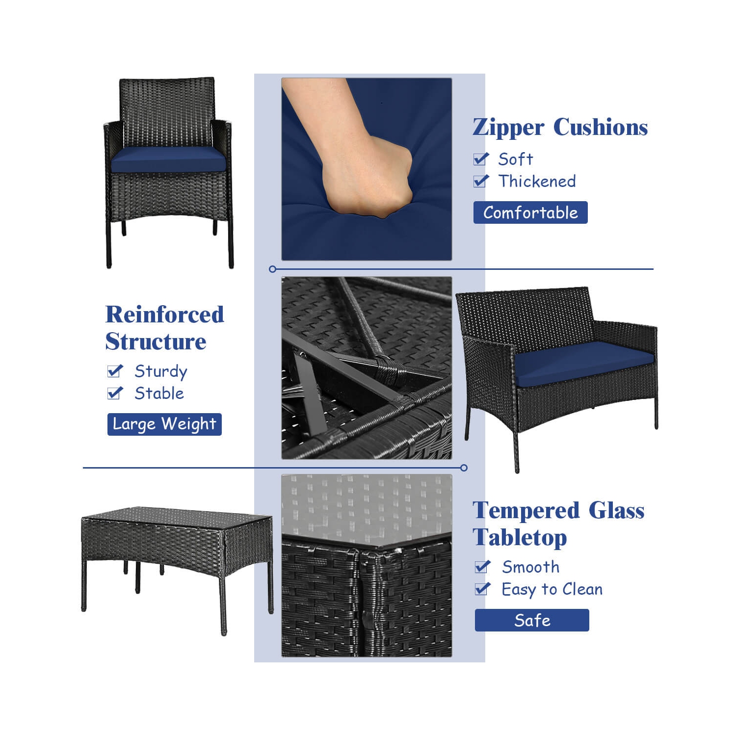 Gymax 8PCS Rattan Furniture Set Cushioned Sofa Coffee Table Backyard Porch Patio Navy