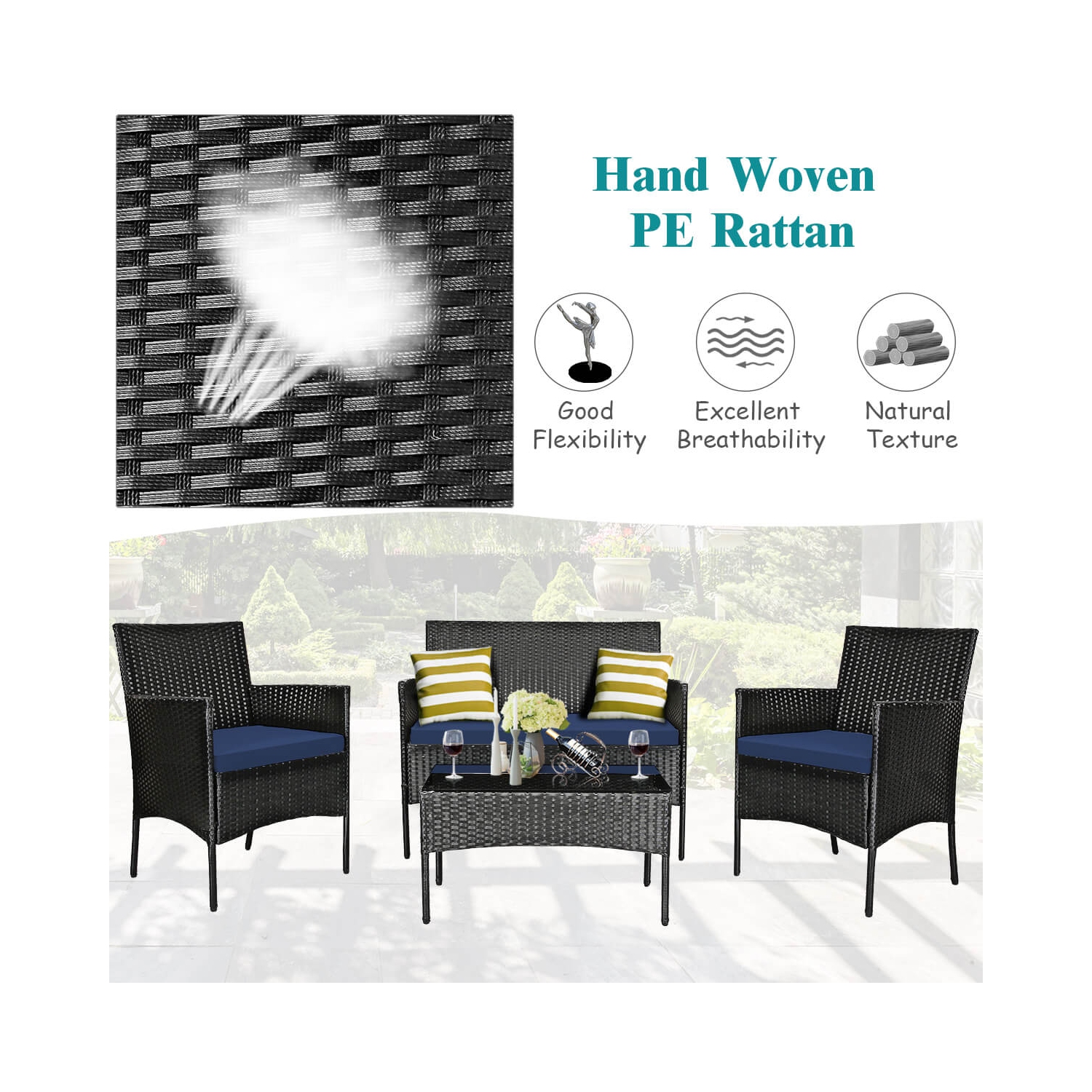 Gymax 8PCS Rattan Furniture Set Cushioned Sofa Coffee Table Backyard Porch Patio Navy