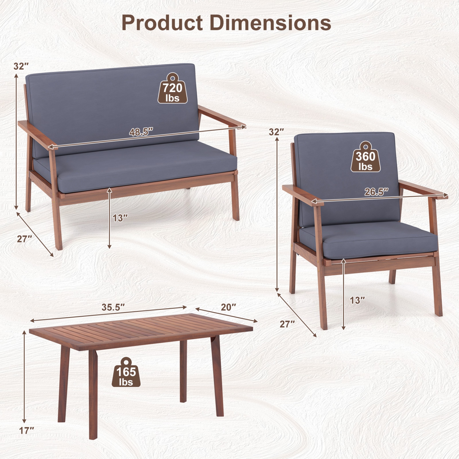 Gymax 8PCS Conversation Set Acacia Wood Sofa Coffee Table w/ Cushioned Seat Patio