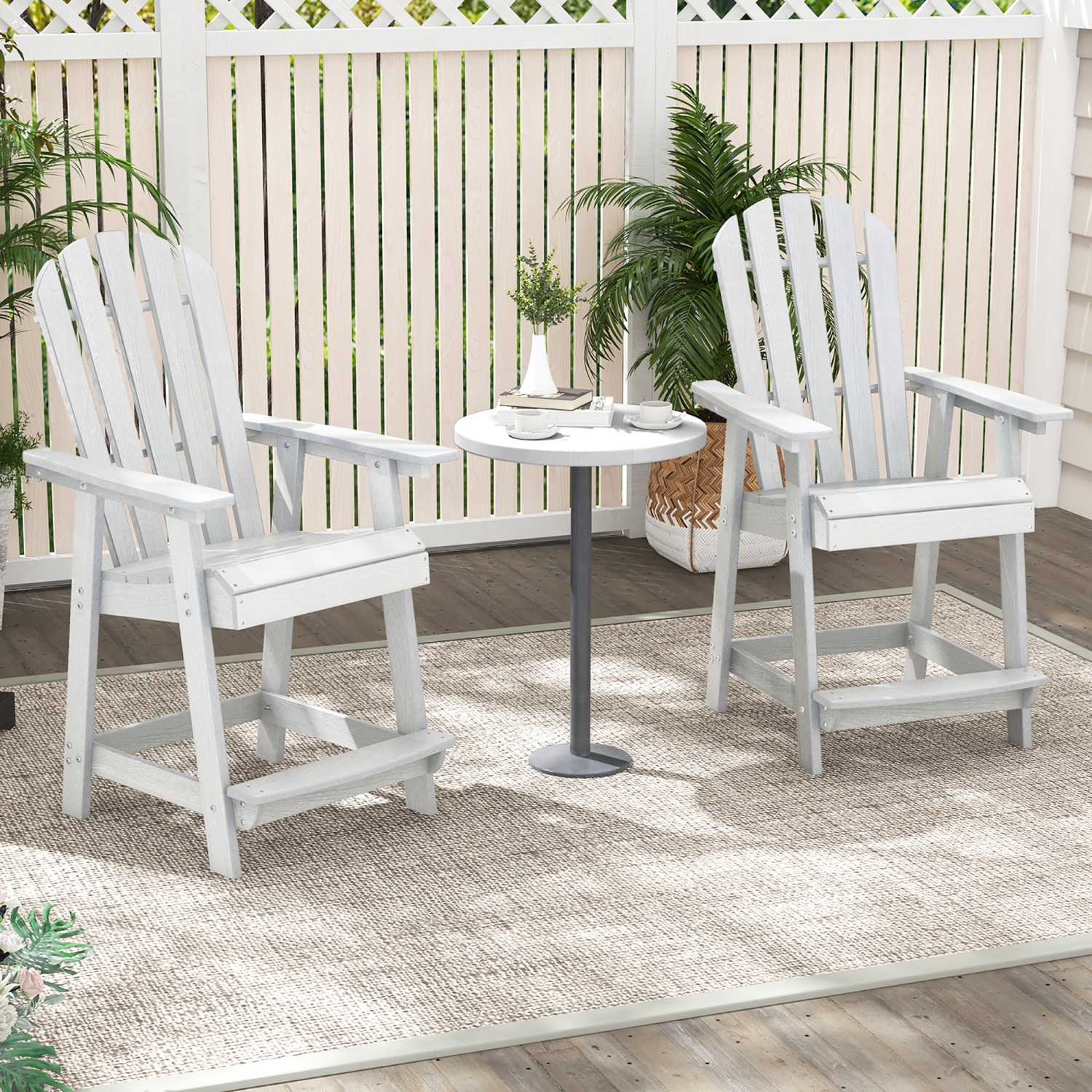 Gymax 2PCS Tall Bar Stool HDPE Chair w/ Armrest Footrest Home Indoor Outdoor Patio White