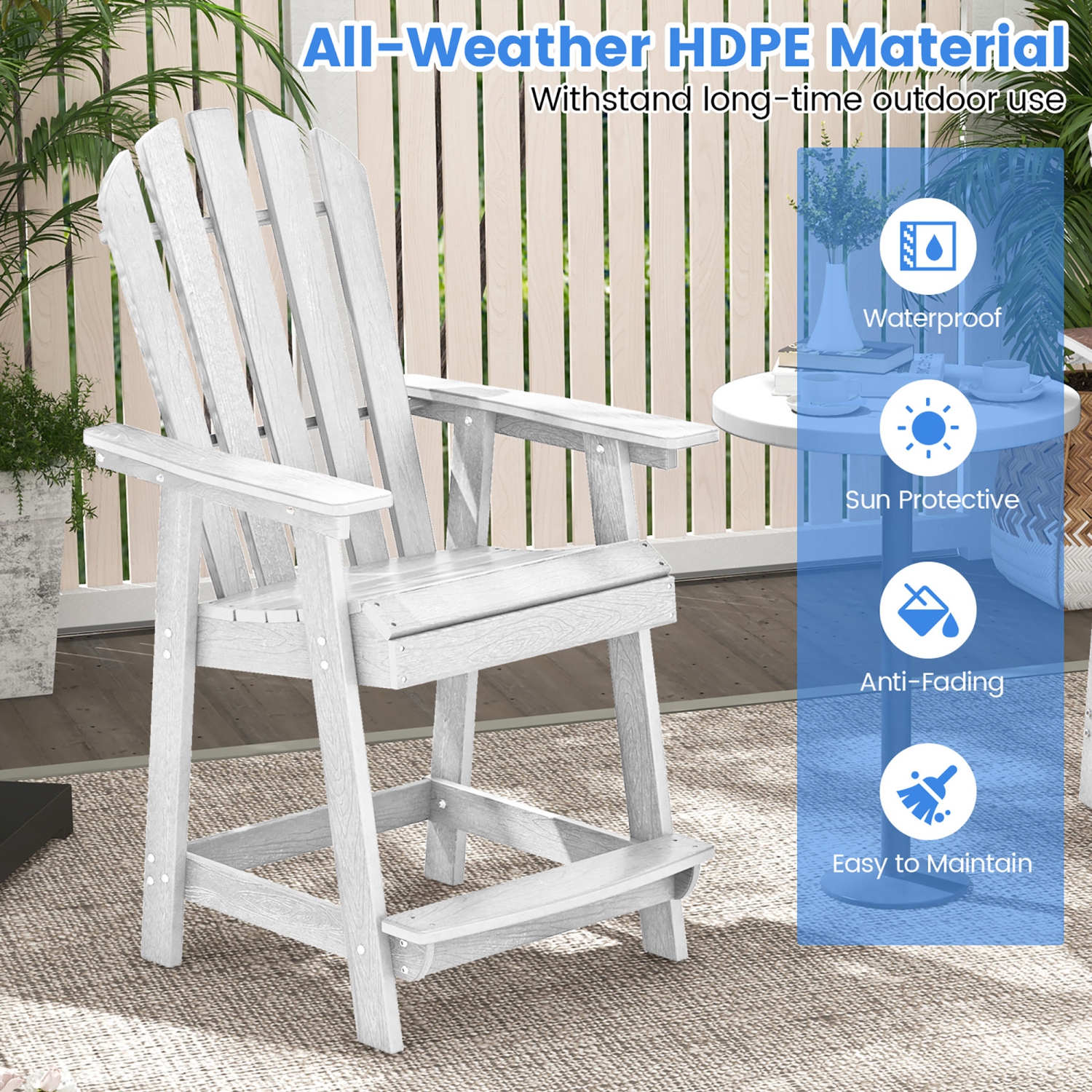 Gymax 2PCS Tall Bar Stool HDPE Chair w/ Armrest Footrest Home Indoor Outdoor Patio White