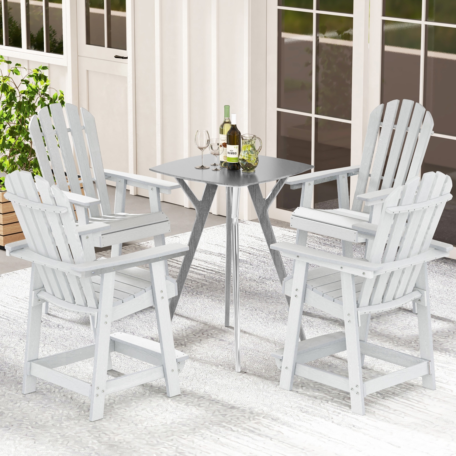 Gymax 4PCS Tall Bar Stool HDPE Chair w/ Armrest Footrest Home Indoor Outdoor Patio White