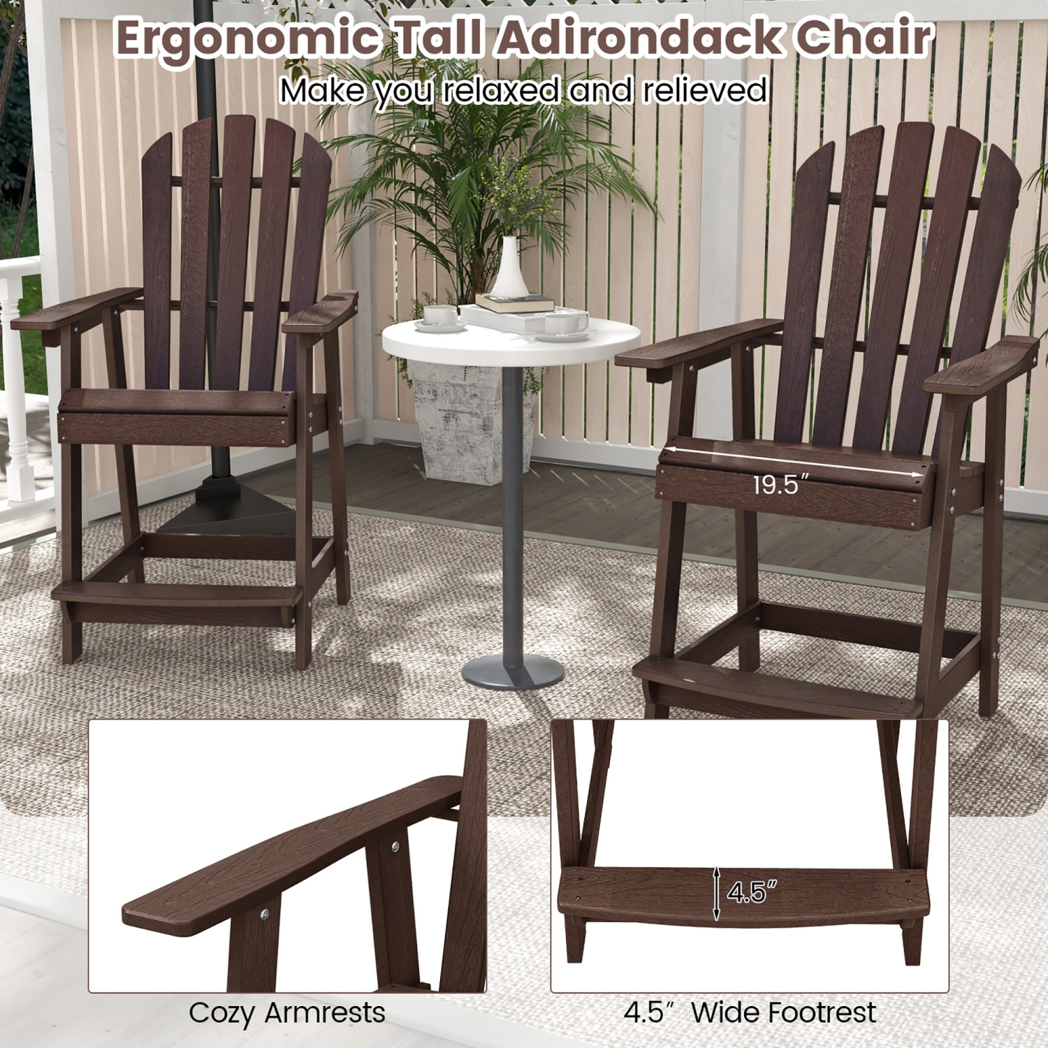 Gymax 2PCS Bar Stool HDPE Chair w/ Armrest Footrest Home Indoor Outdoor Patio Brown