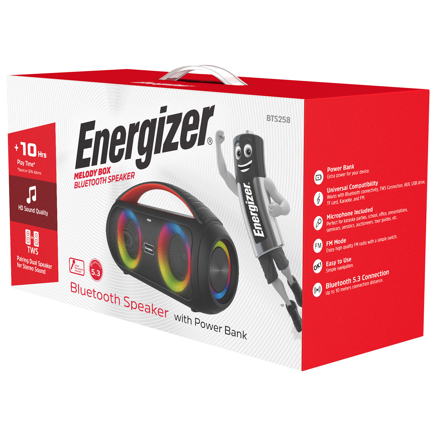 Haut-parleur portatif sans fil rechargeable résistant aux intempéries avec microphone BTS258 d'Energizer - Noir